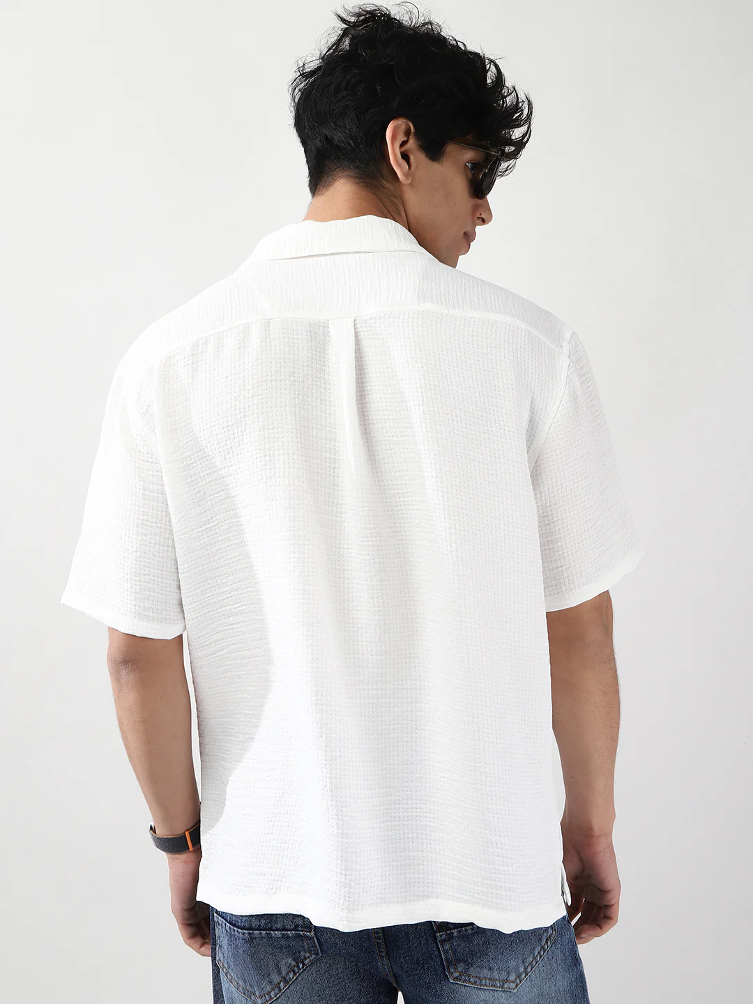 Men's White Cotton Half Sleeve Oversized Fit Textured Shirt with Cuban Collar - Image 4