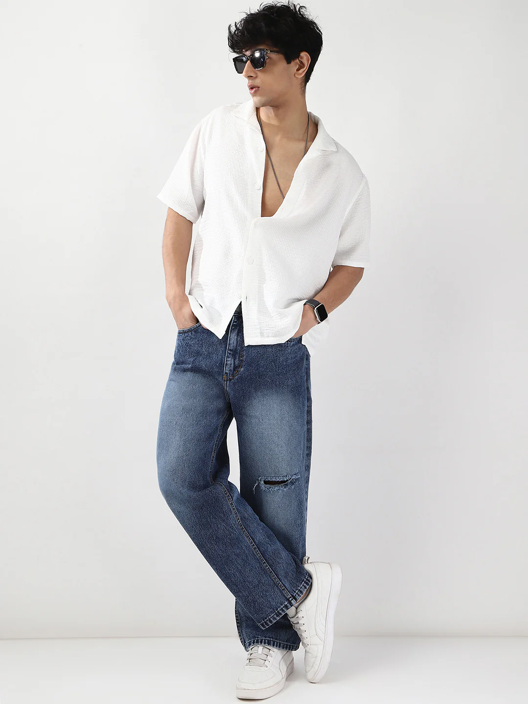 Men's White Cotton Half Sleeve Oversized Fit Textured Shirt with Cuban Collar - Image 5