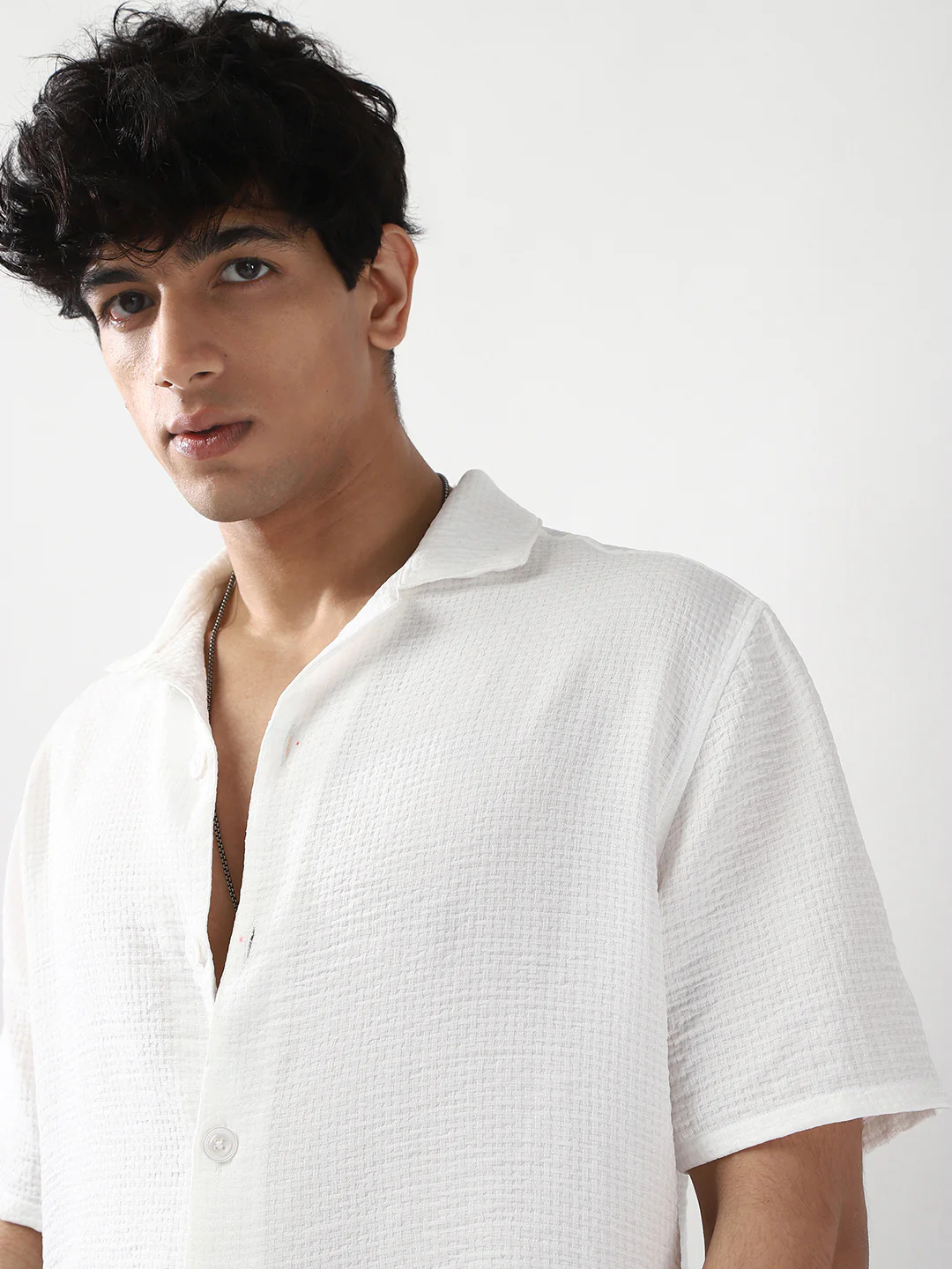 Men's White Cotton Half Sleeve Oversized Fit Textured Shirt with Cuban Collar - Image 6