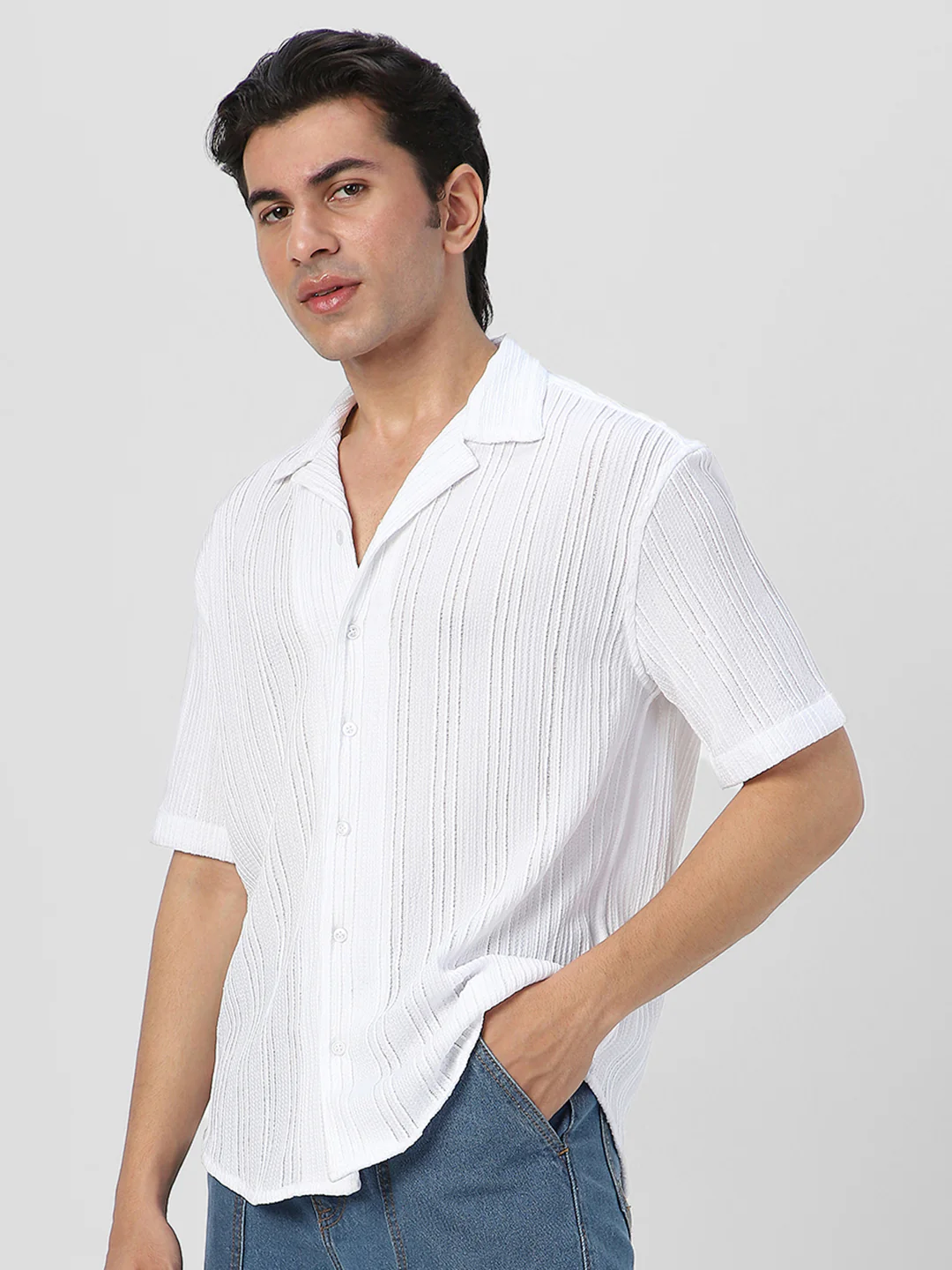 Men's White Cotton Half Sleeve Oversized Fit Textured Shirt with Cuban Collar - Image 3