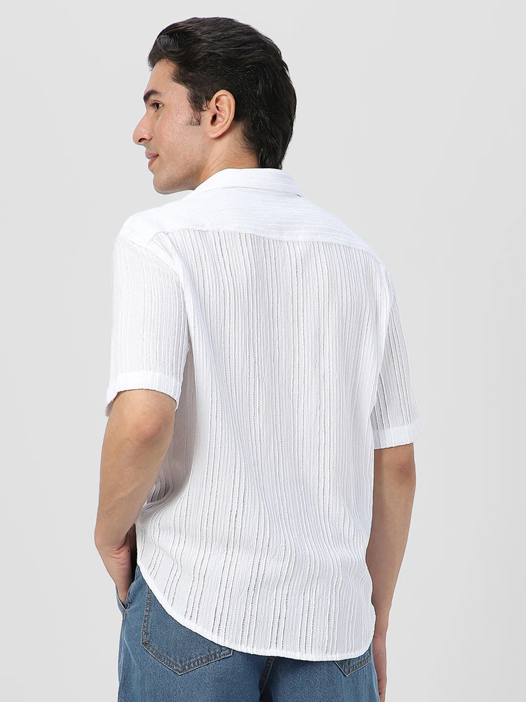 Men's White Cotton Half Sleeve Oversized Fit Textured Shirt with Cuban Collar - Image 4