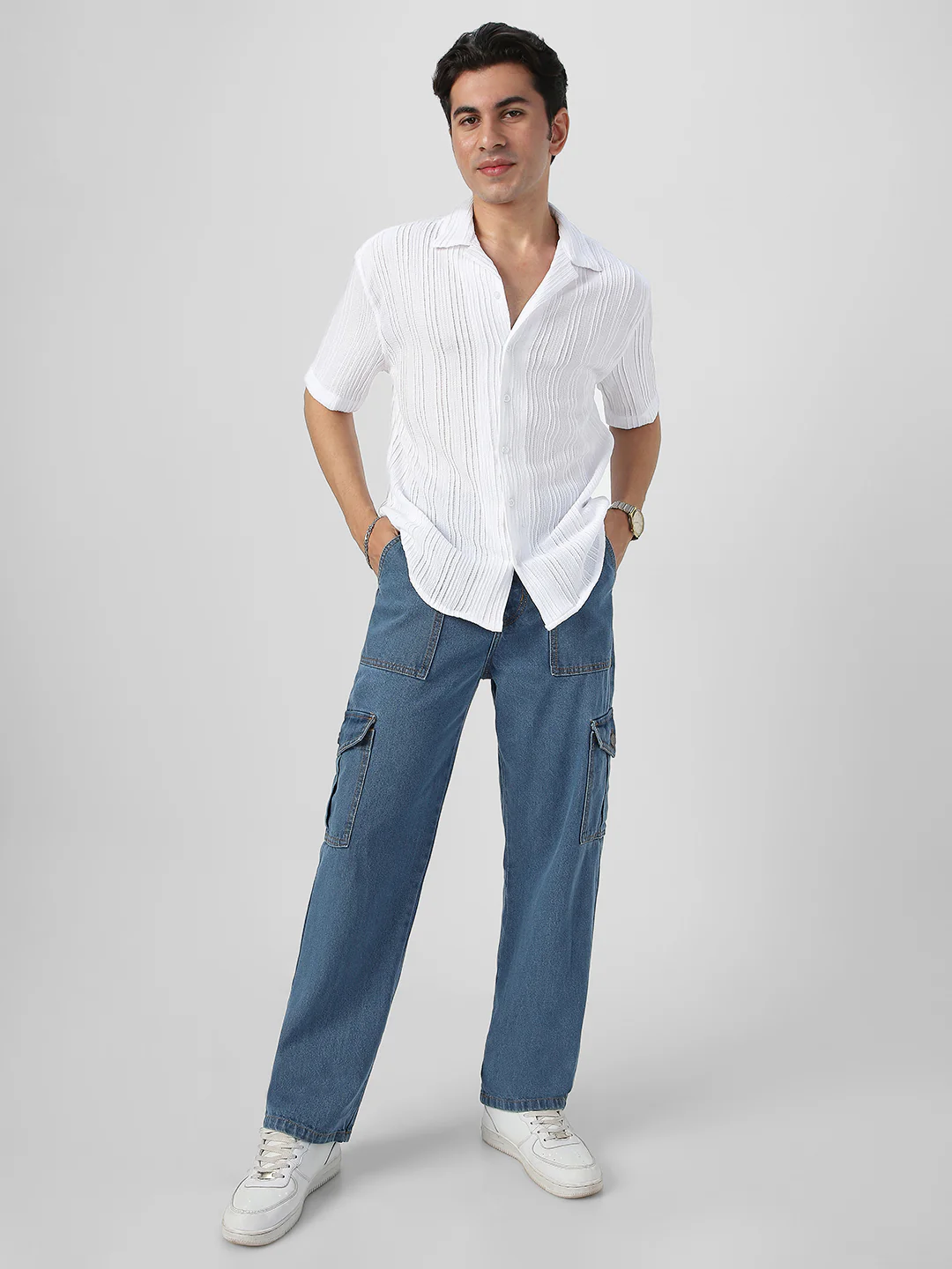 Men's White Cotton Half Sleeve Oversized Fit Textured Shirt with Cuban Collar - Image 5