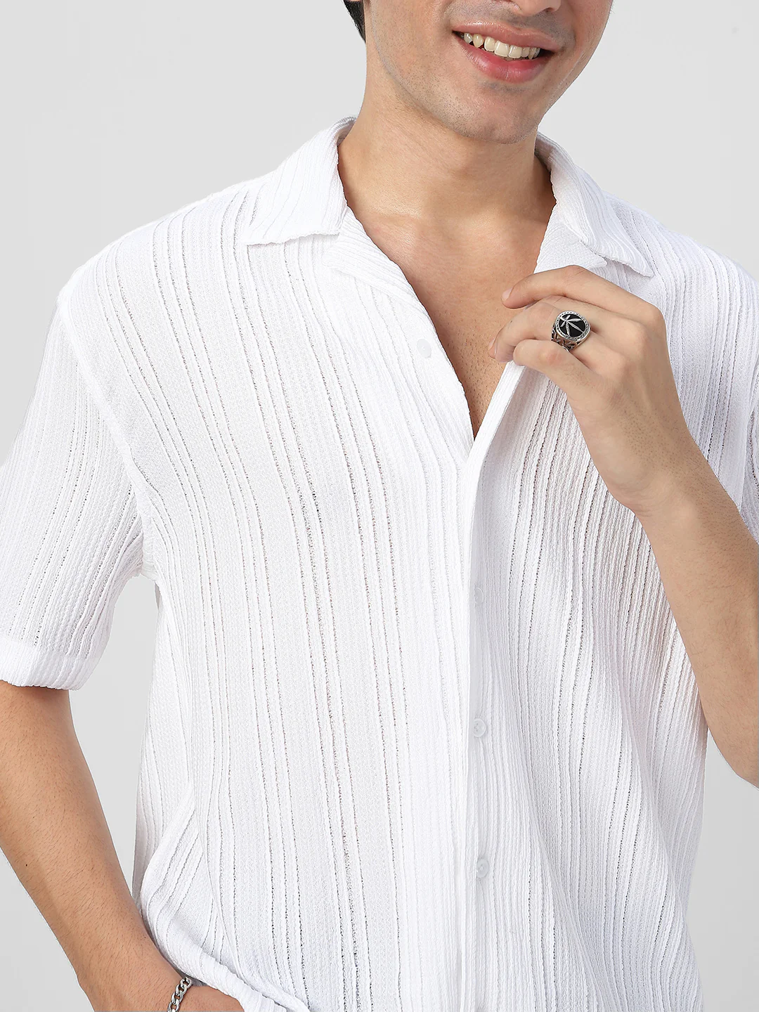 Men's White Cotton Half Sleeve Oversized Fit Textured Shirt with Cuban Collar - Image 6