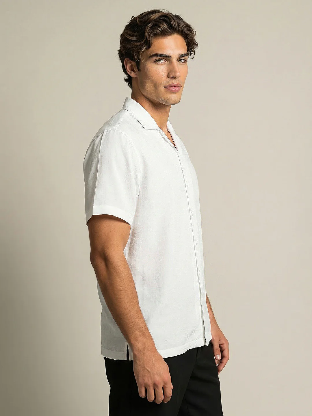 Men's White Cotton Half Sleeve Relaxed Fit Textured Shirt with Cuban Collar - Image 2