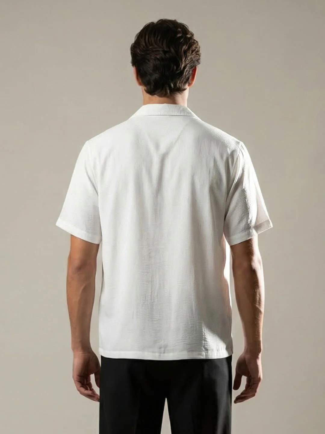 Men's White Cotton Half Sleeve Relaxed Fit Textured Shirt with Cuban Collar - Image 3
