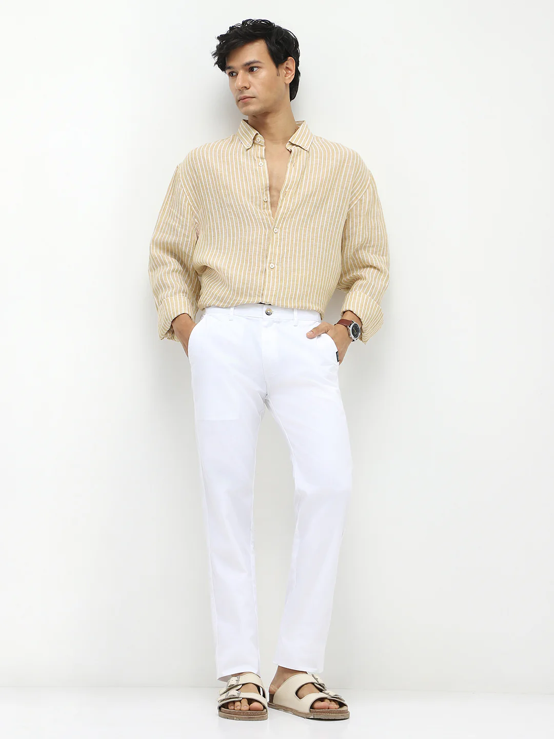 Men's White Cotton Slim Fit Casual Chinos Trousers - Image 5