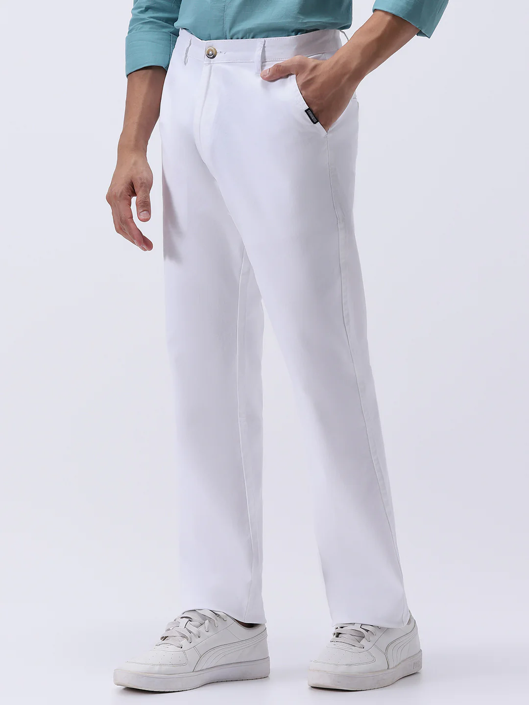 Men's White Cotton Regular Fit Casual Chinos Trousers Stretch - Image 2