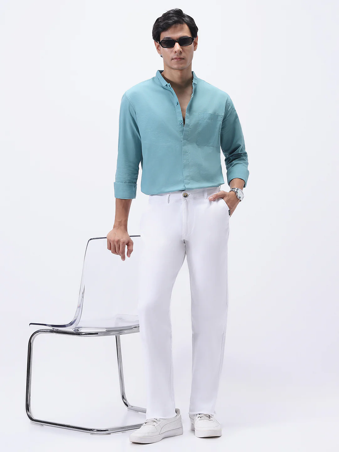 Men's White Cotton Regular Fit Casual Chinos Trousers Stretch - Image 4