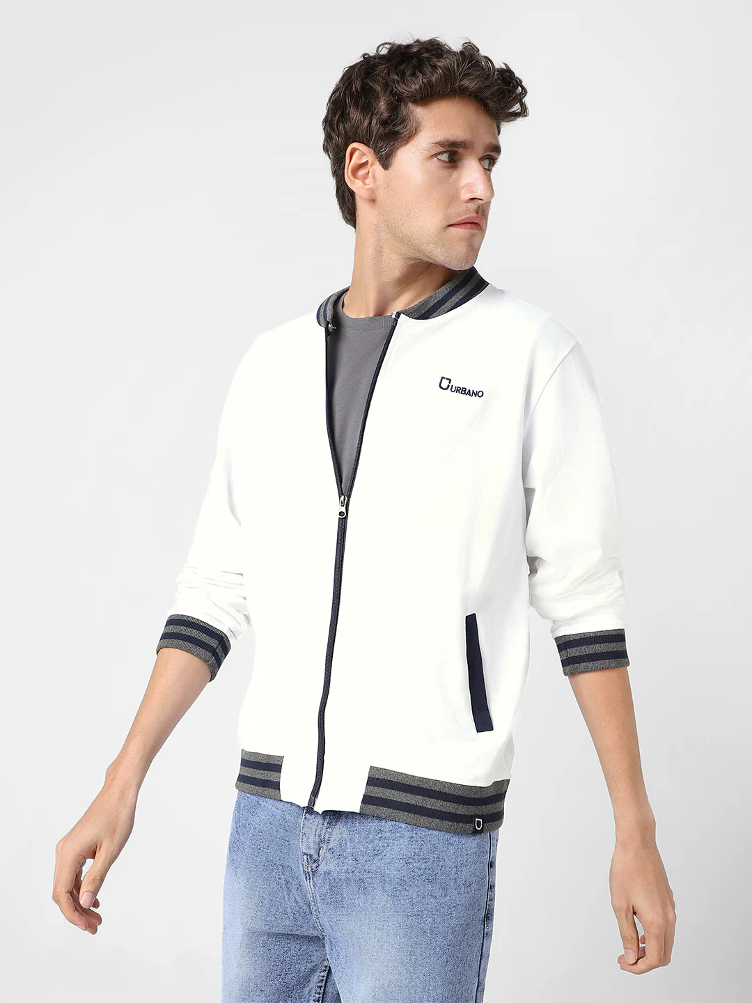 Men's White Cotton Zippered Varsity Sweatshirt - Image 2