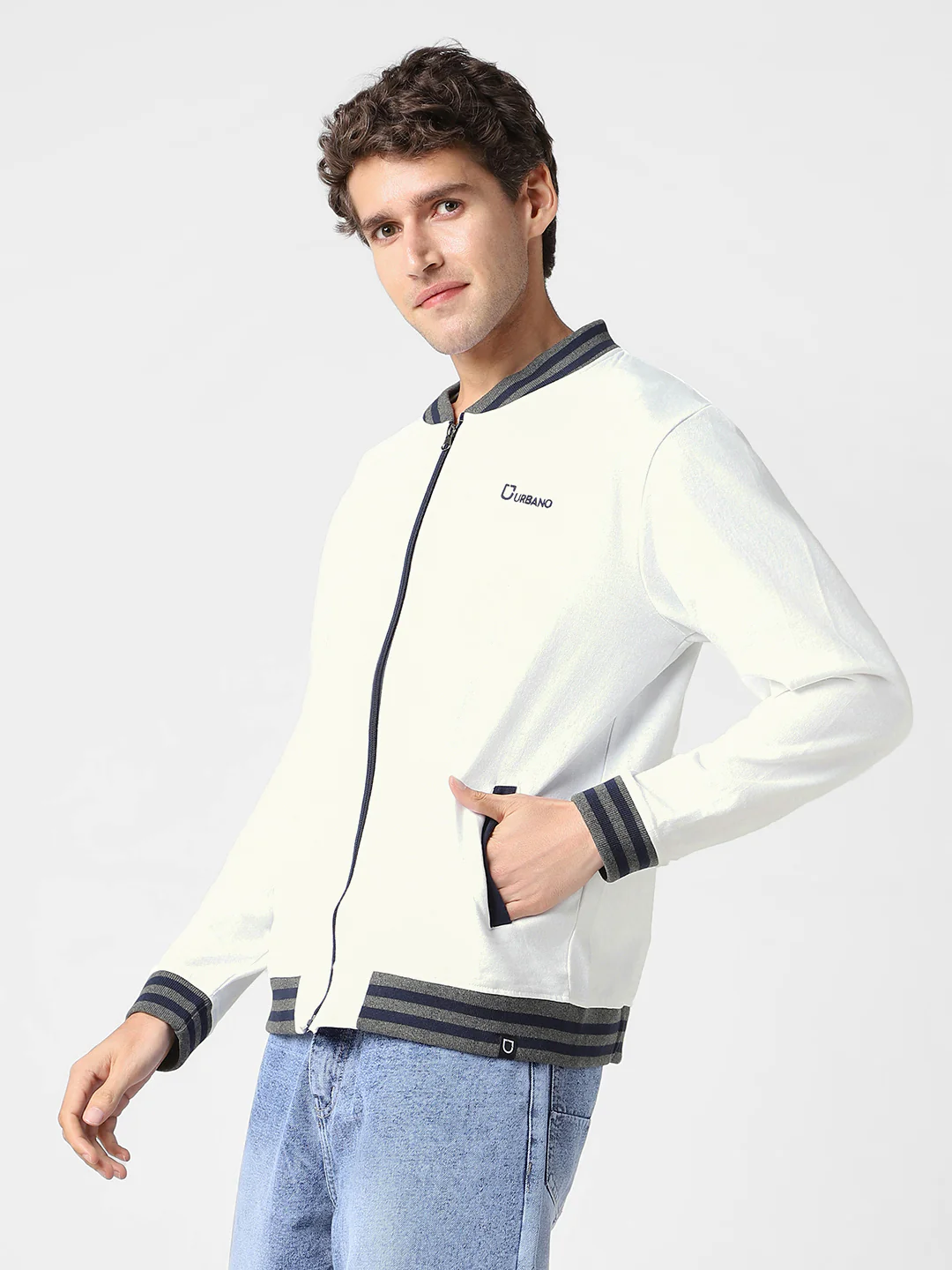 Men's White Cotton Zippered Varsity Sweatshirt - Image 3