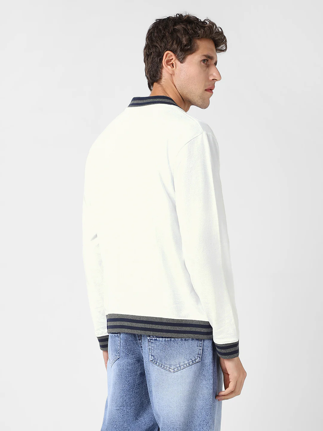 Men's White Cotton Zippered Varsity Sweatshirt - Image 4