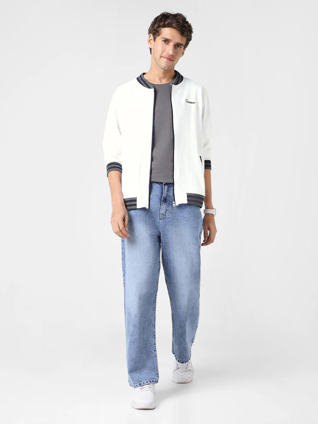 Men's White Cotton Zippered Varsity Sweatshirt - Image 5