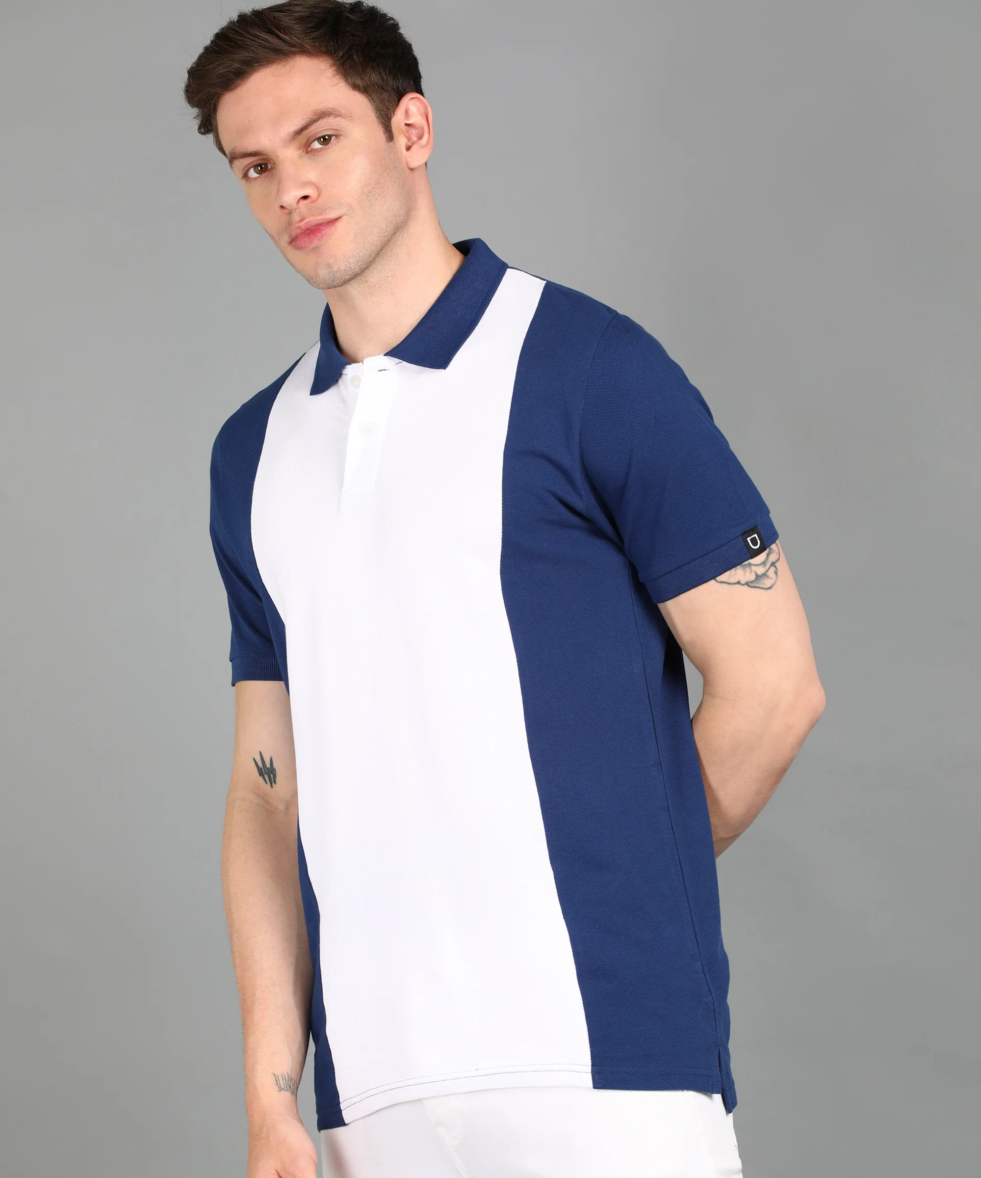 Men's White, Dark Blue Colour-Block Slim Fit Half Sleeve Cotton Polo T-Shirt - Image 2