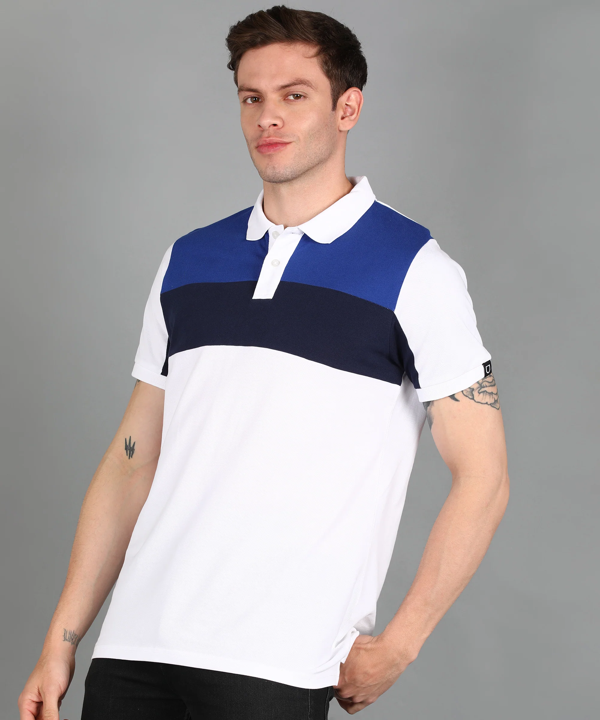 Men's White, Dark Blue, Royal Blue Colour-Block Slim Fit Half Sleeve Cotton Polo T-Shirt - Image 2