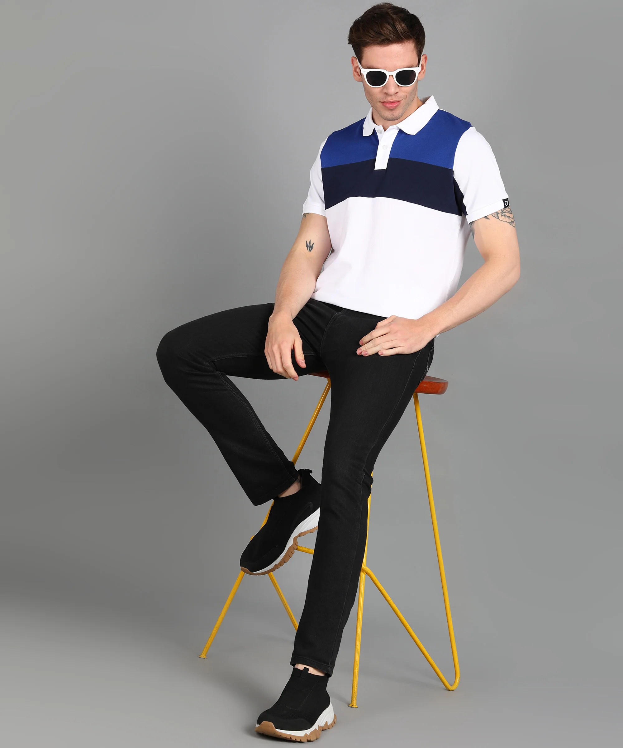 Men's White, Dark Blue, Royal Blue Colour-Block Slim Fit Half Sleeve Cotton Polo T-Shirt - Image 4