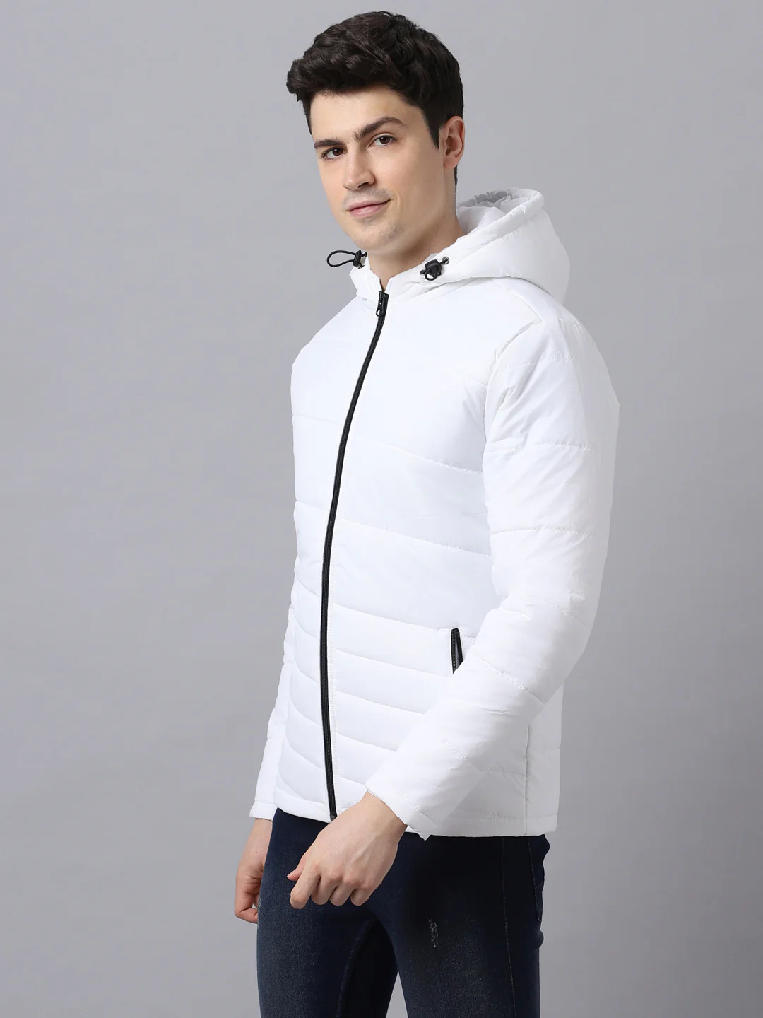 Men's White Full Sleeve Zippered Hooded Neck Puffer Jacket - Image 2
