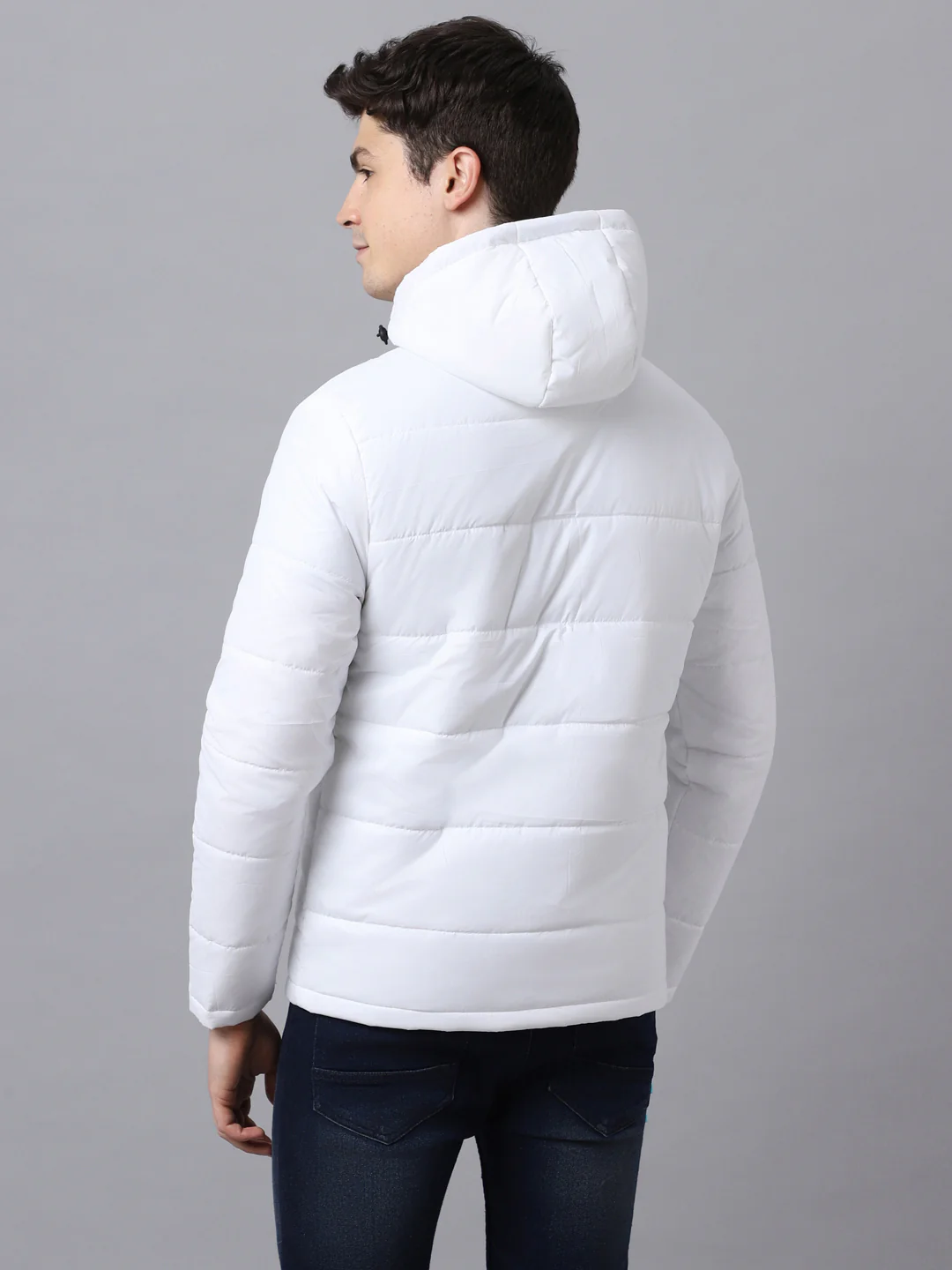 Men's White Full Sleeve Zippered Hooded Neck Puffer Jacket - Image 3