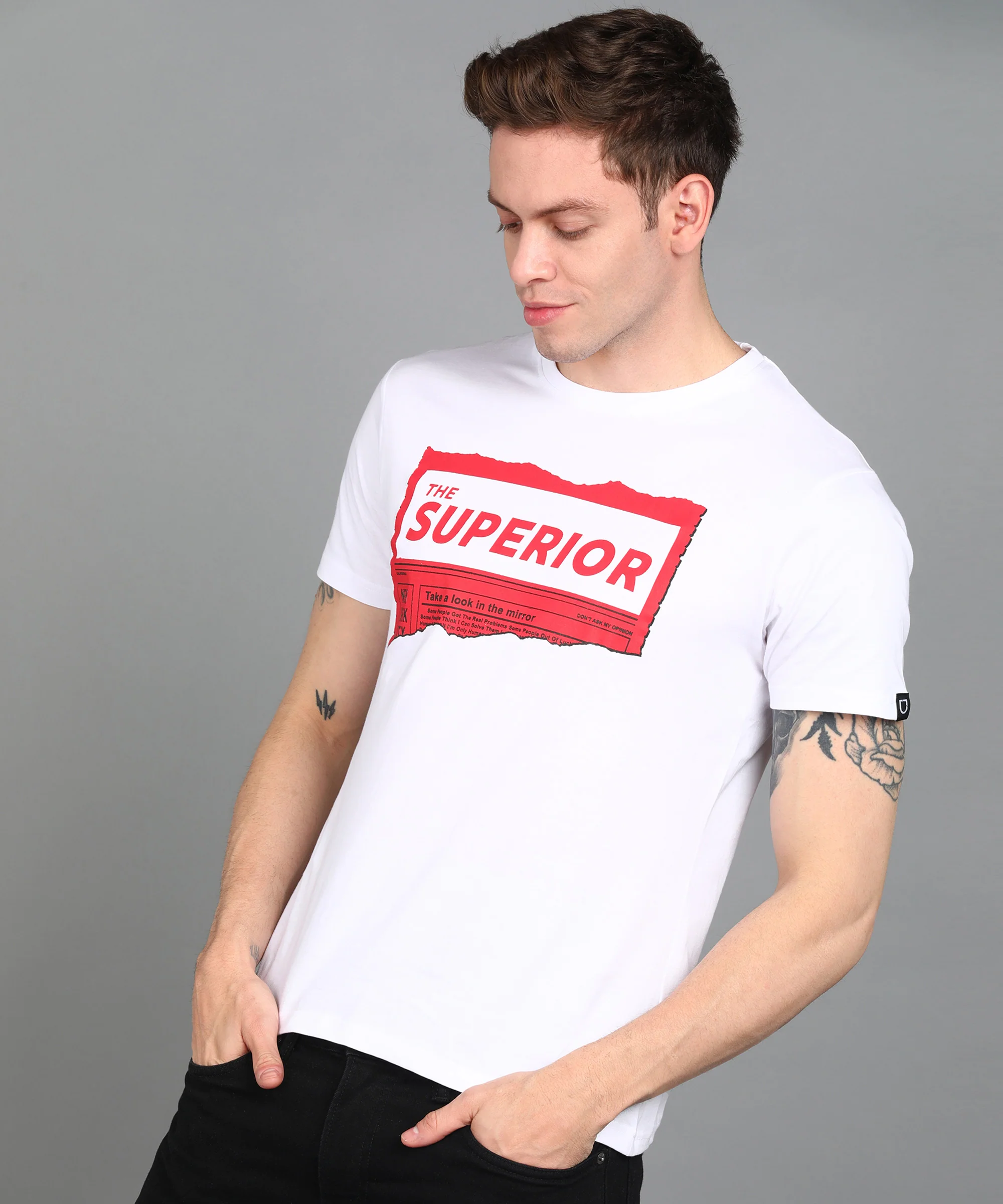 Urbano Fashion Men's White Graphic Printed Round Neck Half Sleeve Slim Fit Cotton T-Shirt - Image 2