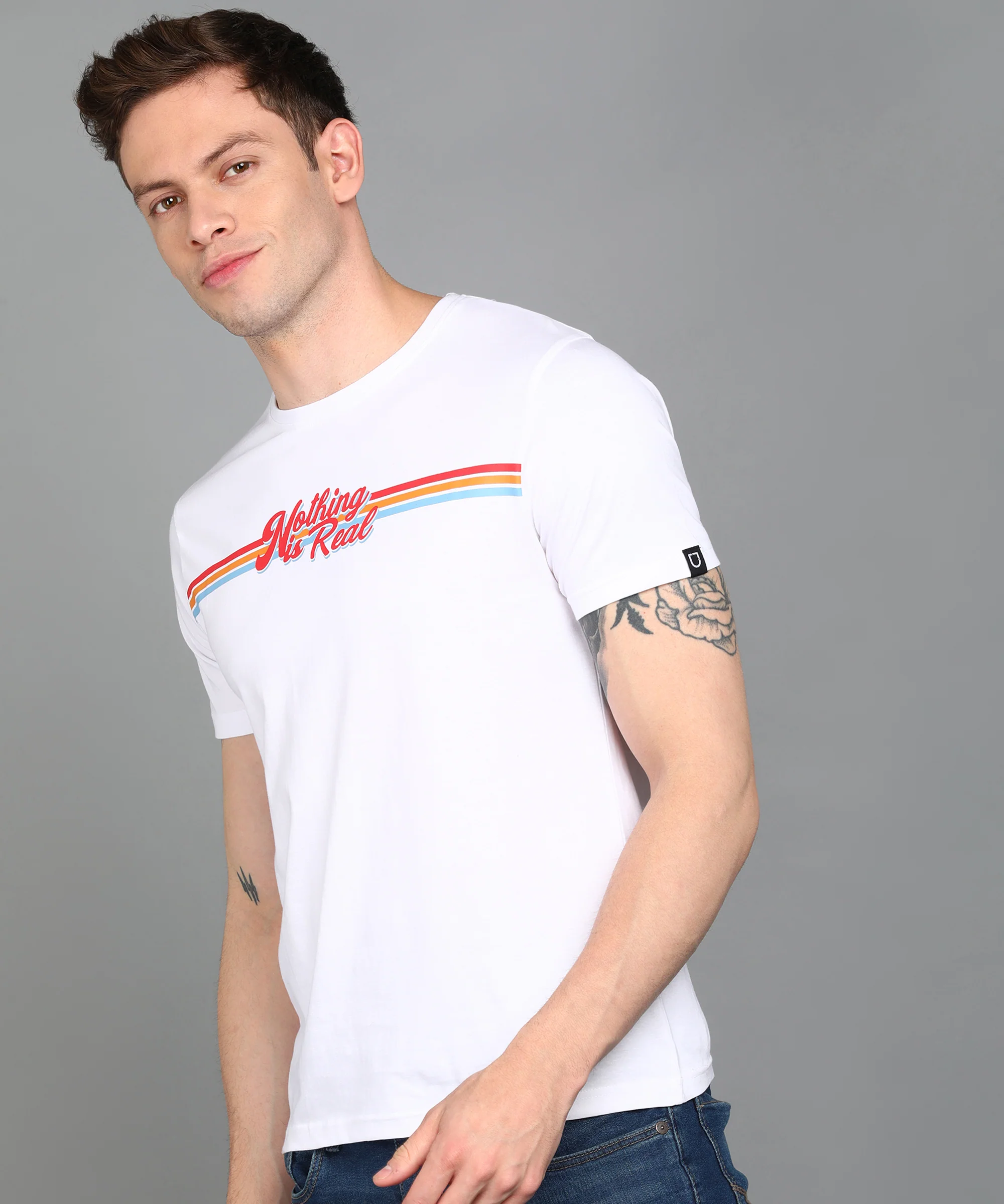 Urbano Fashion Men's White Graphic Printed Round Neck Half Sleeve Slim Fit Cotton T-Shirt