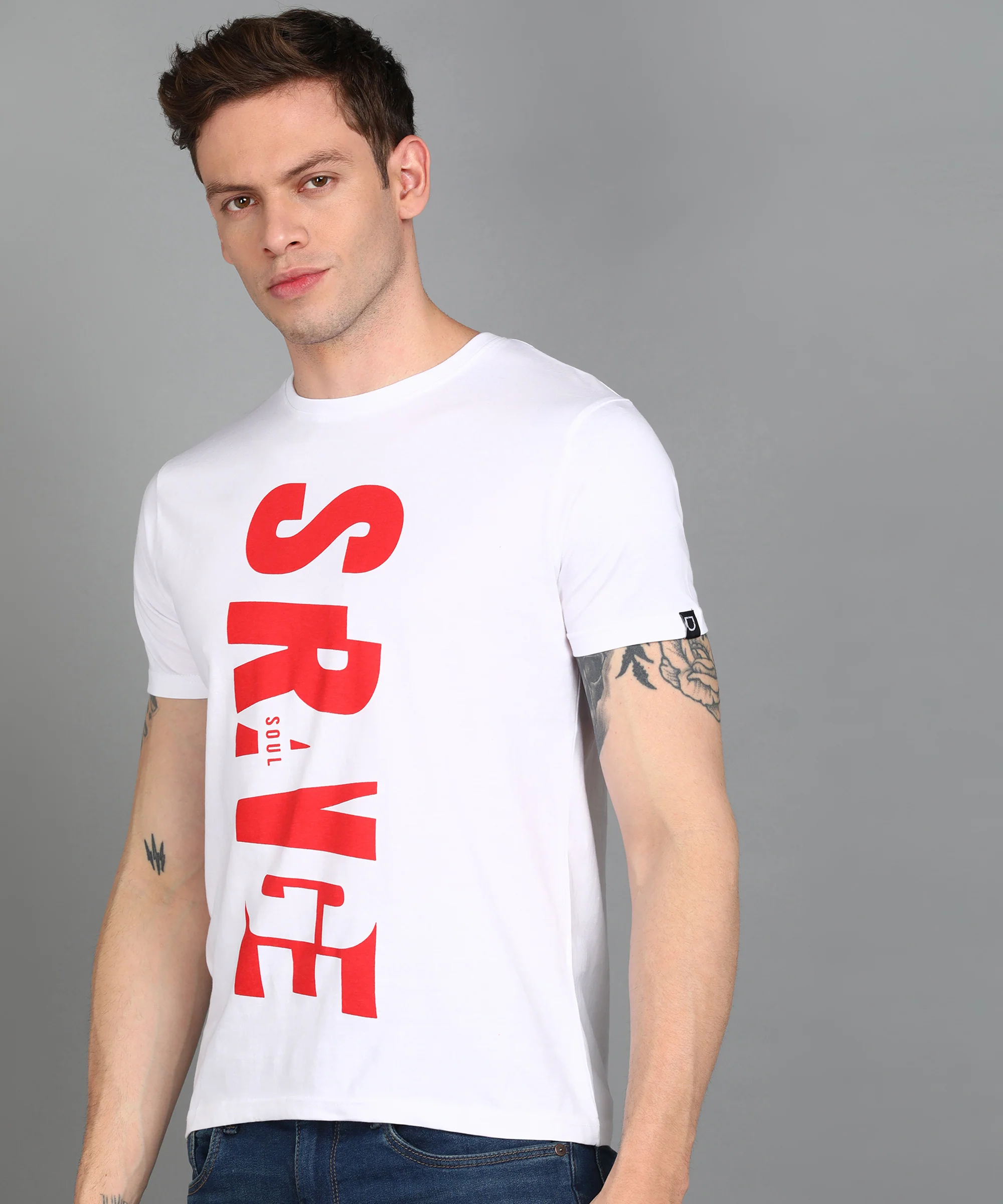 Urbano Fashion Men's White Graphic Printed Round Neck Half Sleeve Slim Fit Cotton T-Shirt - Image 2