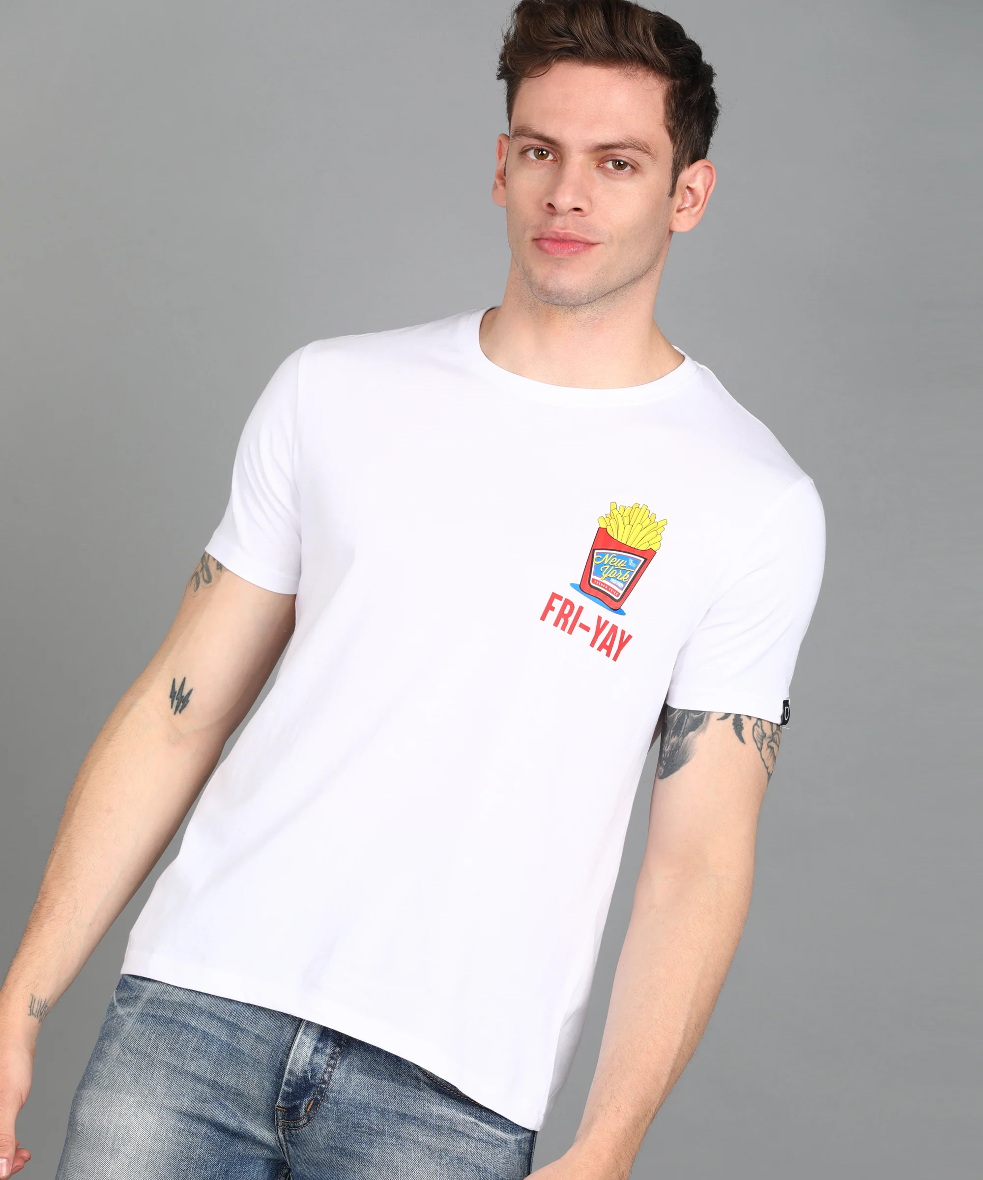 Urbano Fashion Men's White Graphic Printed Round Neck Half Sleeve Slim Fit Cotton T-Shirt - Image 2