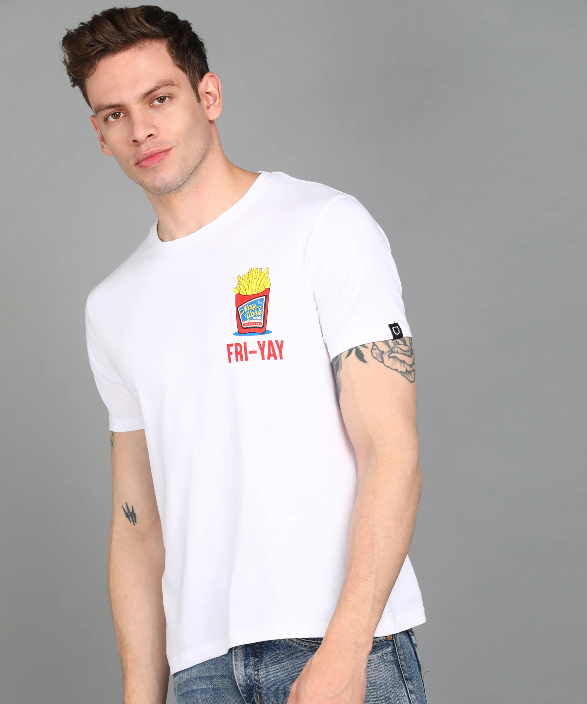 Urbano Fashion Men's White Graphic Printed Round Neck Half Sleeve Slim Fit Cotton T-Shirt - Image 3