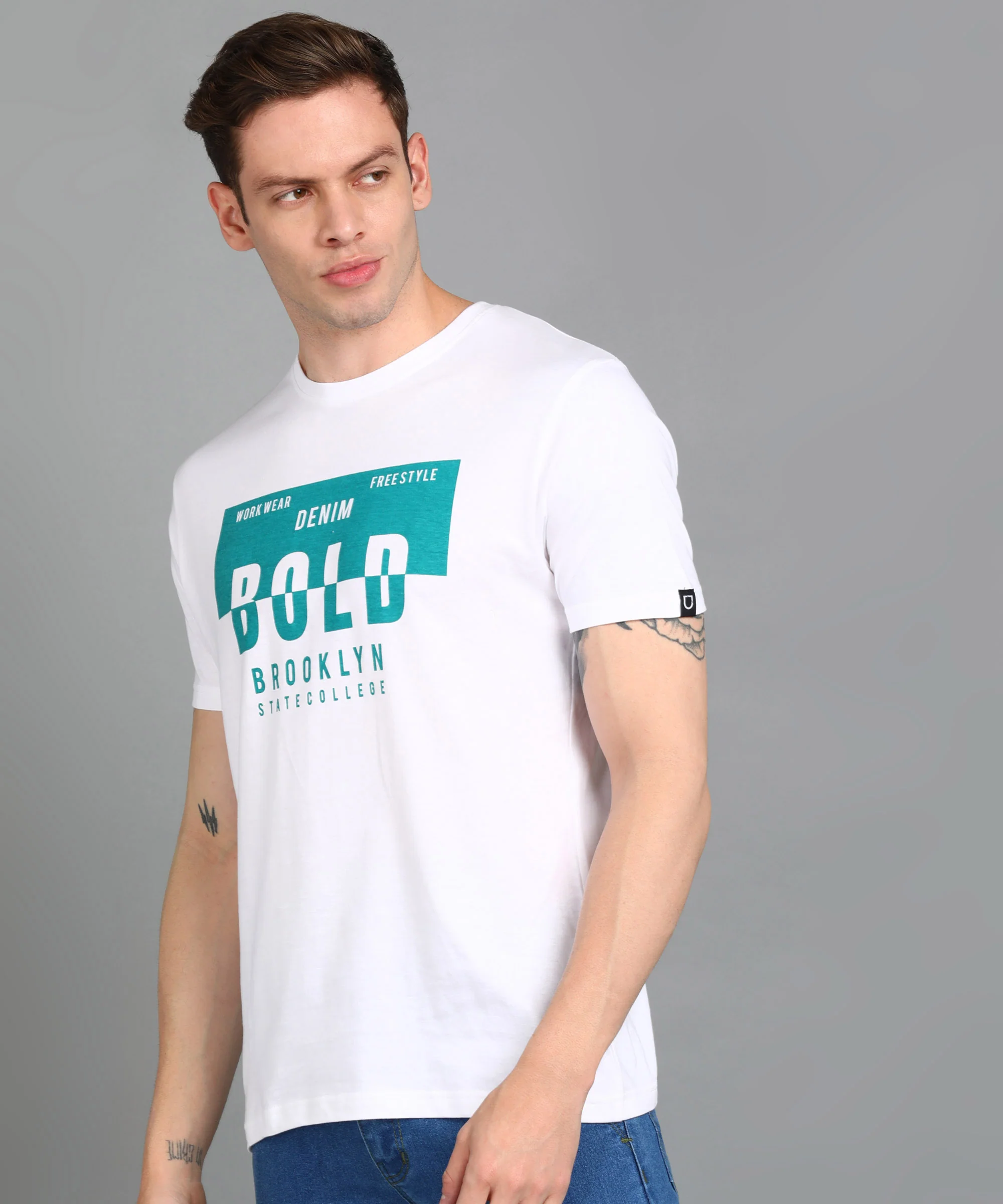 Urbano Fashion Men's White Graphic Printed Round Neck Half Sleeve Slim Fit Cotton T-Shirt - Image 2