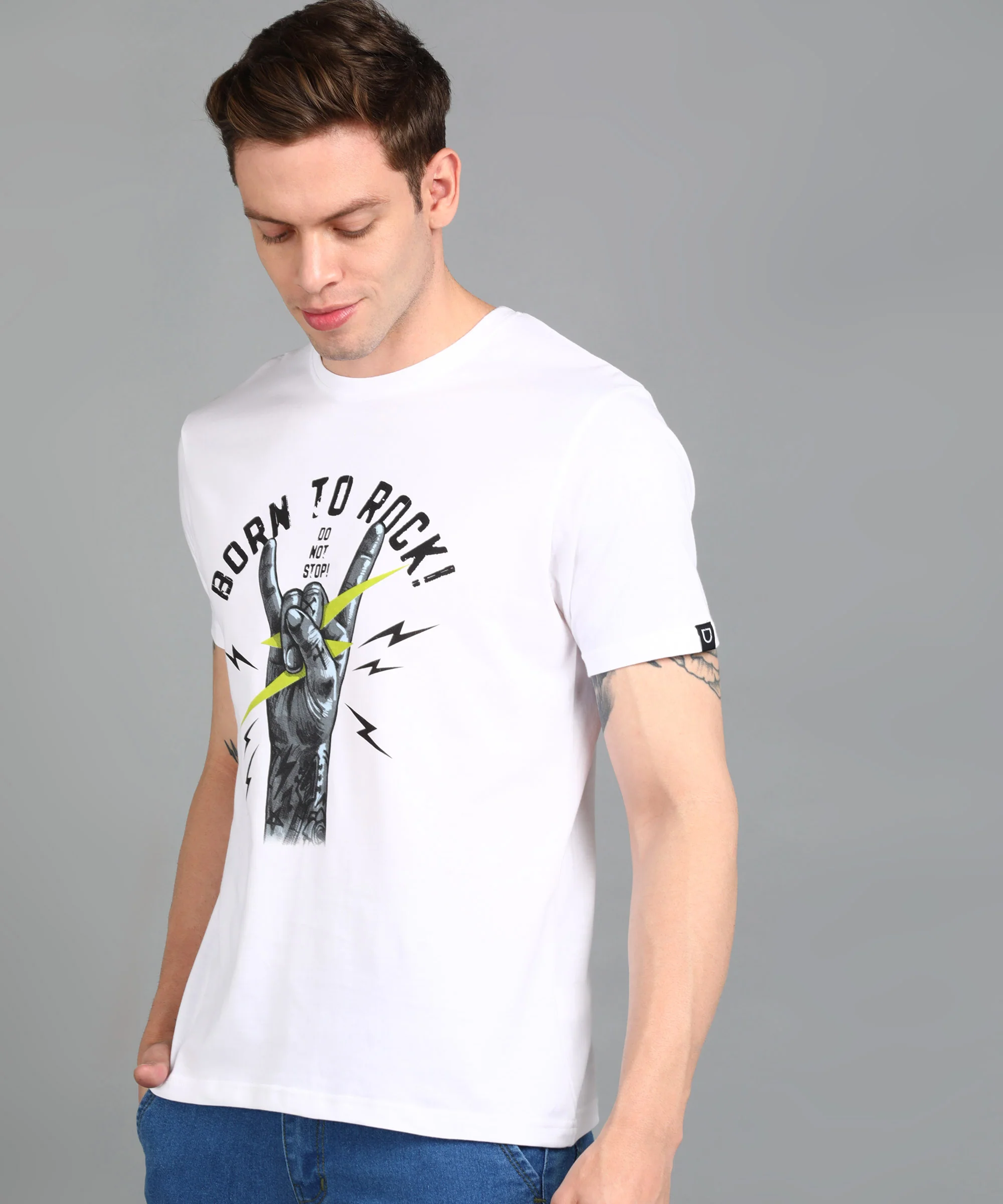 Urbano Fashion Men's White Graphic Printed Round Neck Half Sleeve Slim Fit Cotton T-Shirt - Image 2