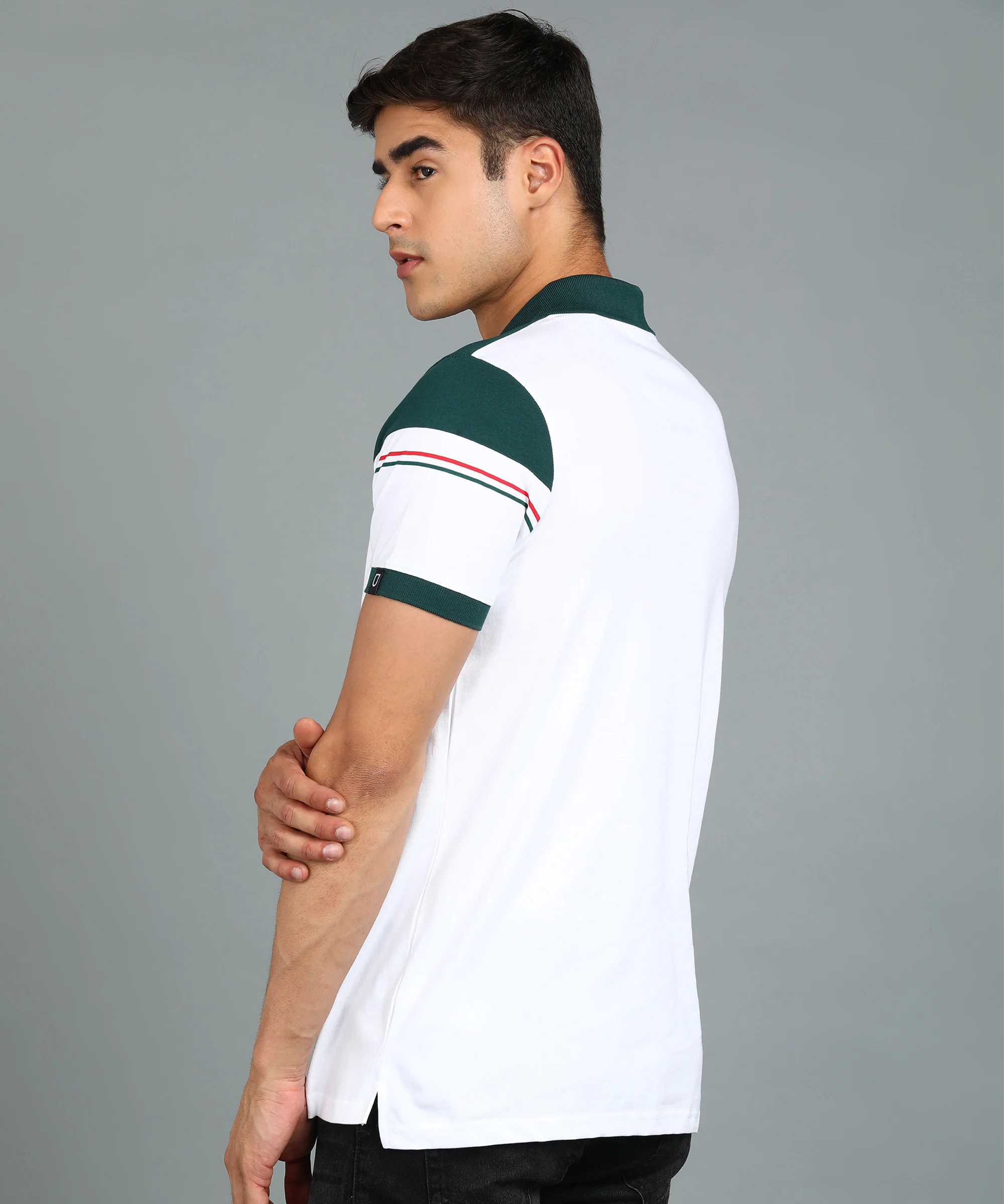 Men's White, Green Colour-Block Slim Fit Half Sleeve Cotton Polo T-Shirt - Image 3