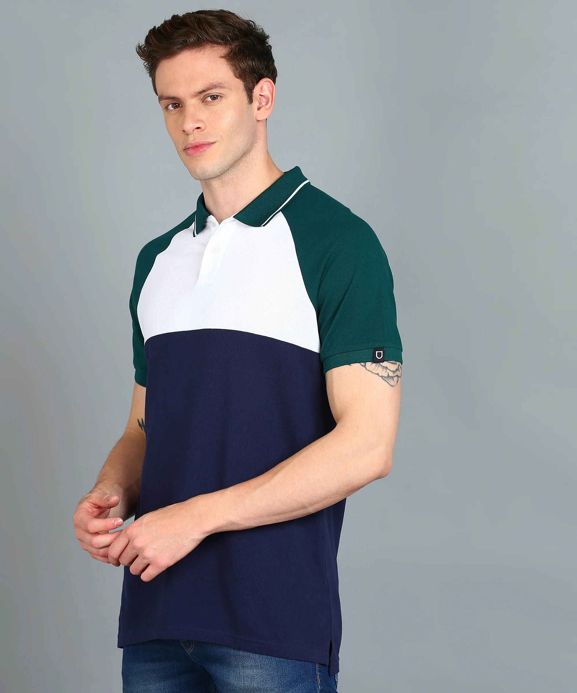 Men's White, Green, Navy Blue Colour-Block Slim Fit Half Sleeve Cotton Polo T-Shirt - Image 2