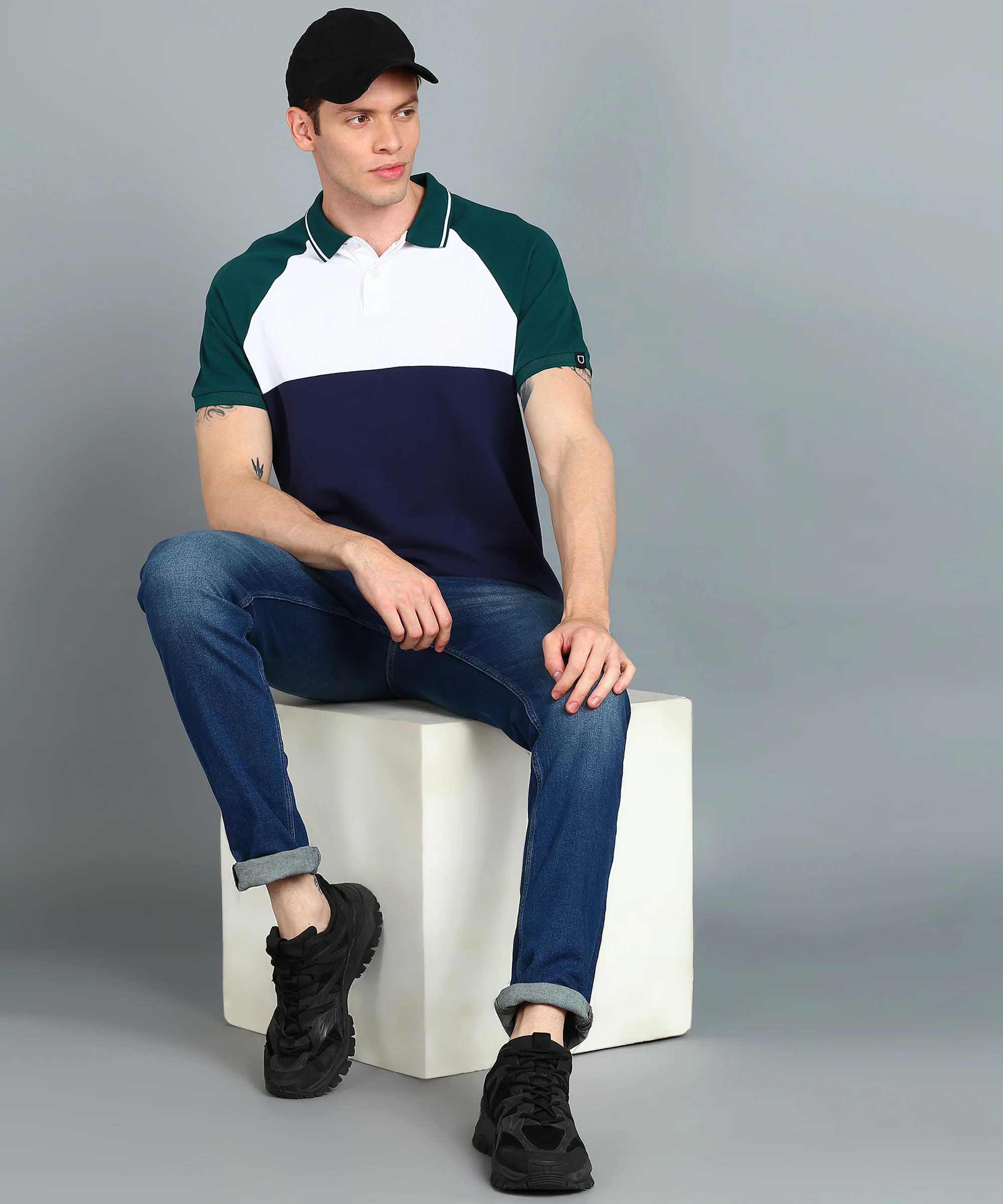 Men's White, Green, Navy Blue Colour-Block Slim Fit Half Sleeve Cotton Polo T-Shirt - Image 4