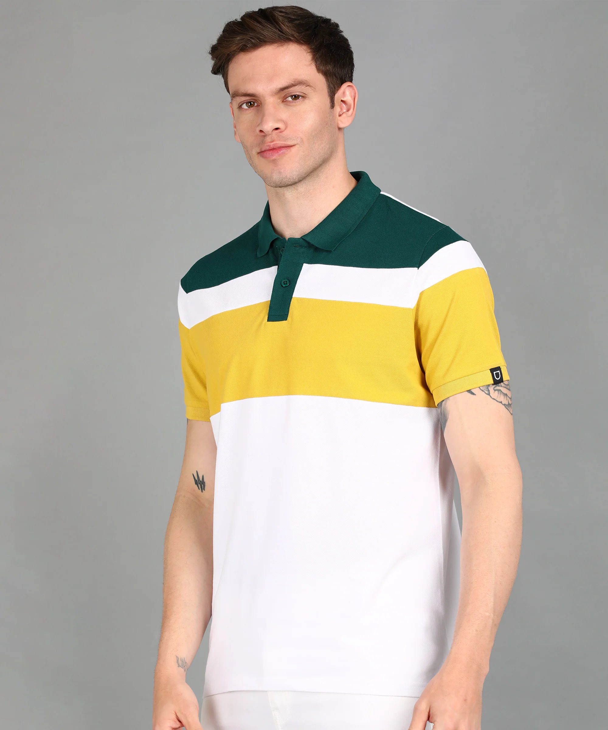 Men's White, Green, Yellow Colour-Block Slim Fit Half Sleeve Cotton Polo T-Shirt - Image 2