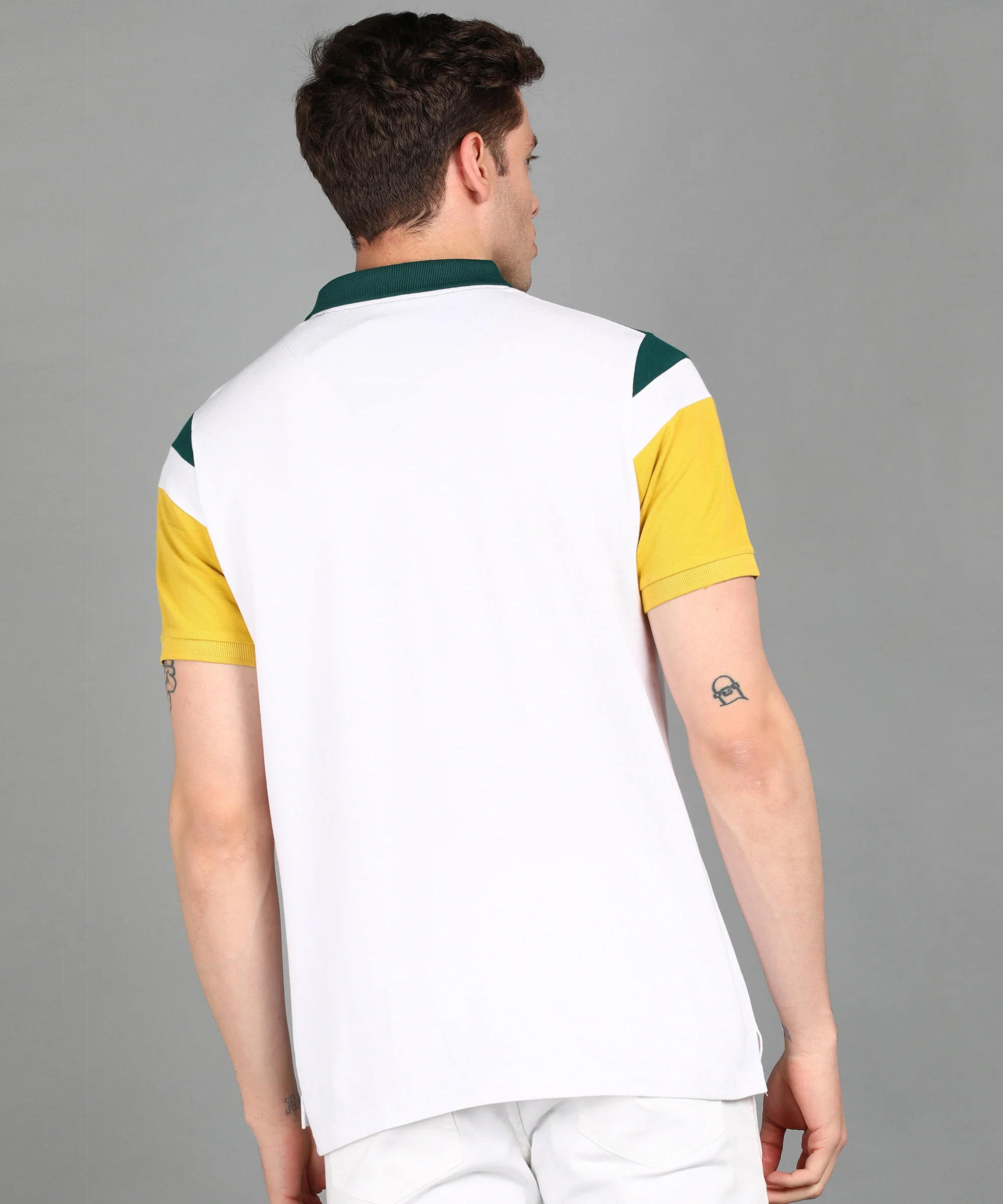 Men's White, Green, Yellow Colour-Block Slim Fit Half Sleeve Cotton Polo T-Shirt - Image 3