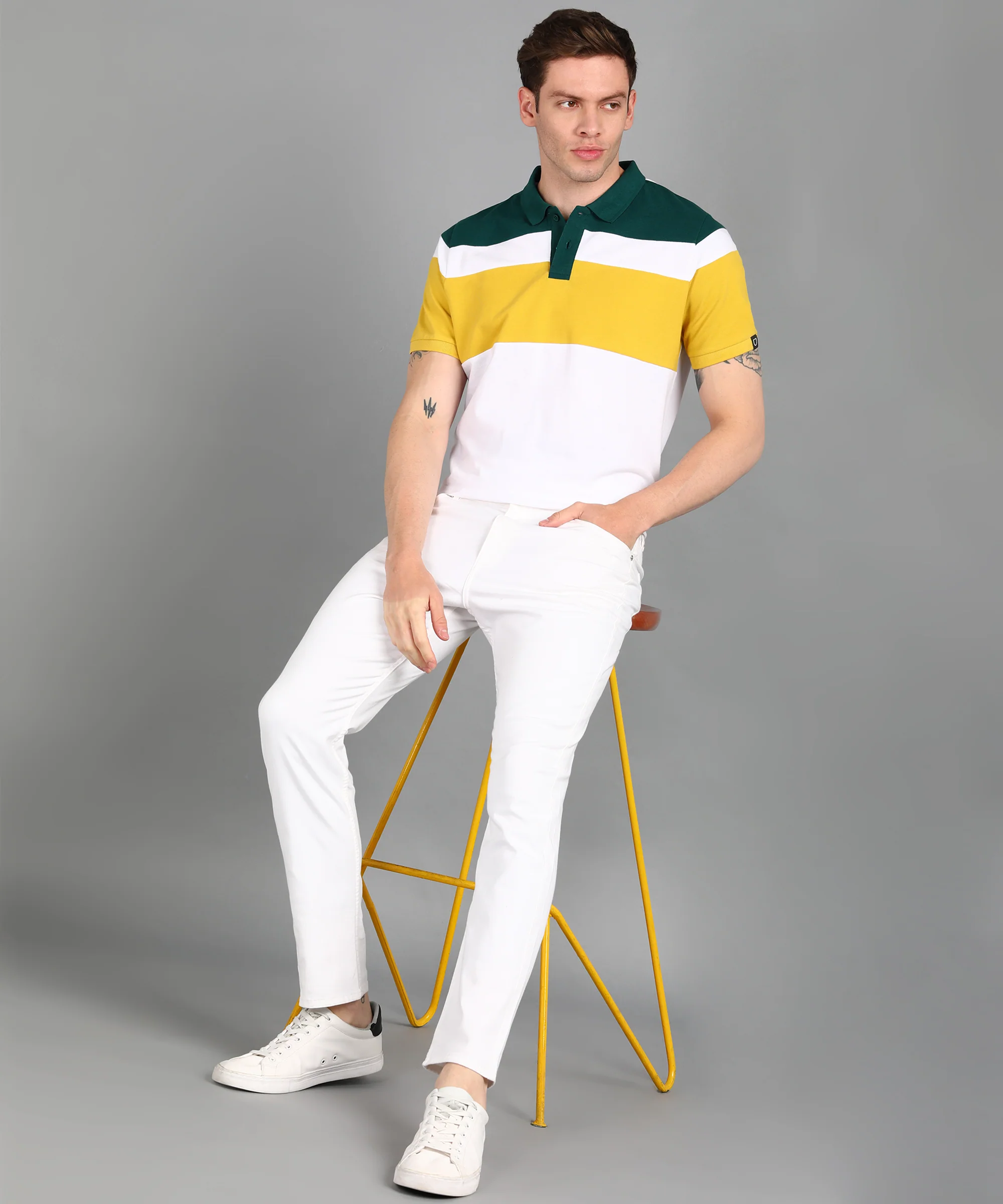 Men's White, Green, Yellow Colour-Block Slim Fit Half Sleeve Cotton Polo T-Shirt - Image 4