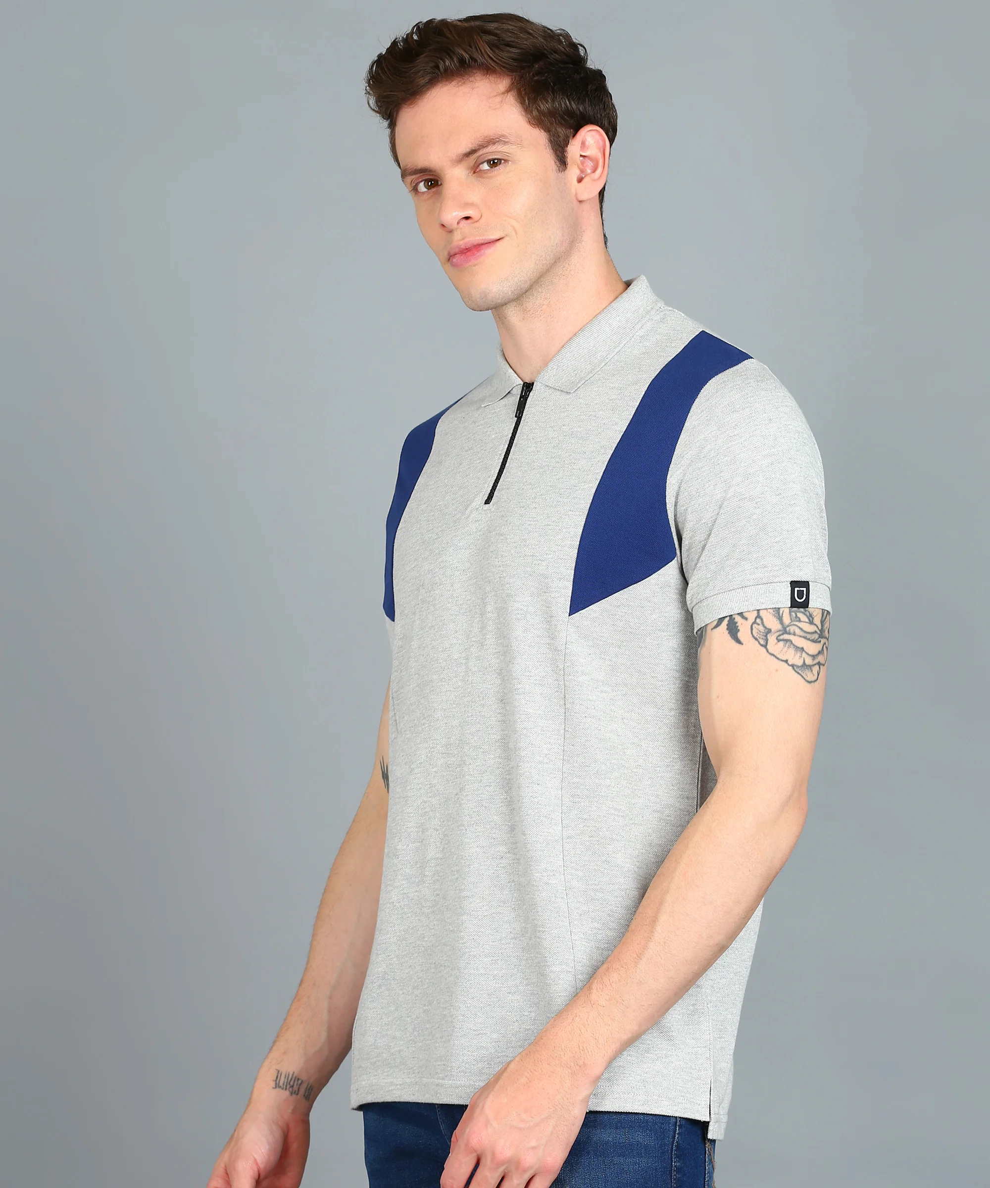 Men's White, Grey Melange, Dark Blue Colour-Block Slim Fit Half Sleeve Cotton Polo T-Shirt - Image 2