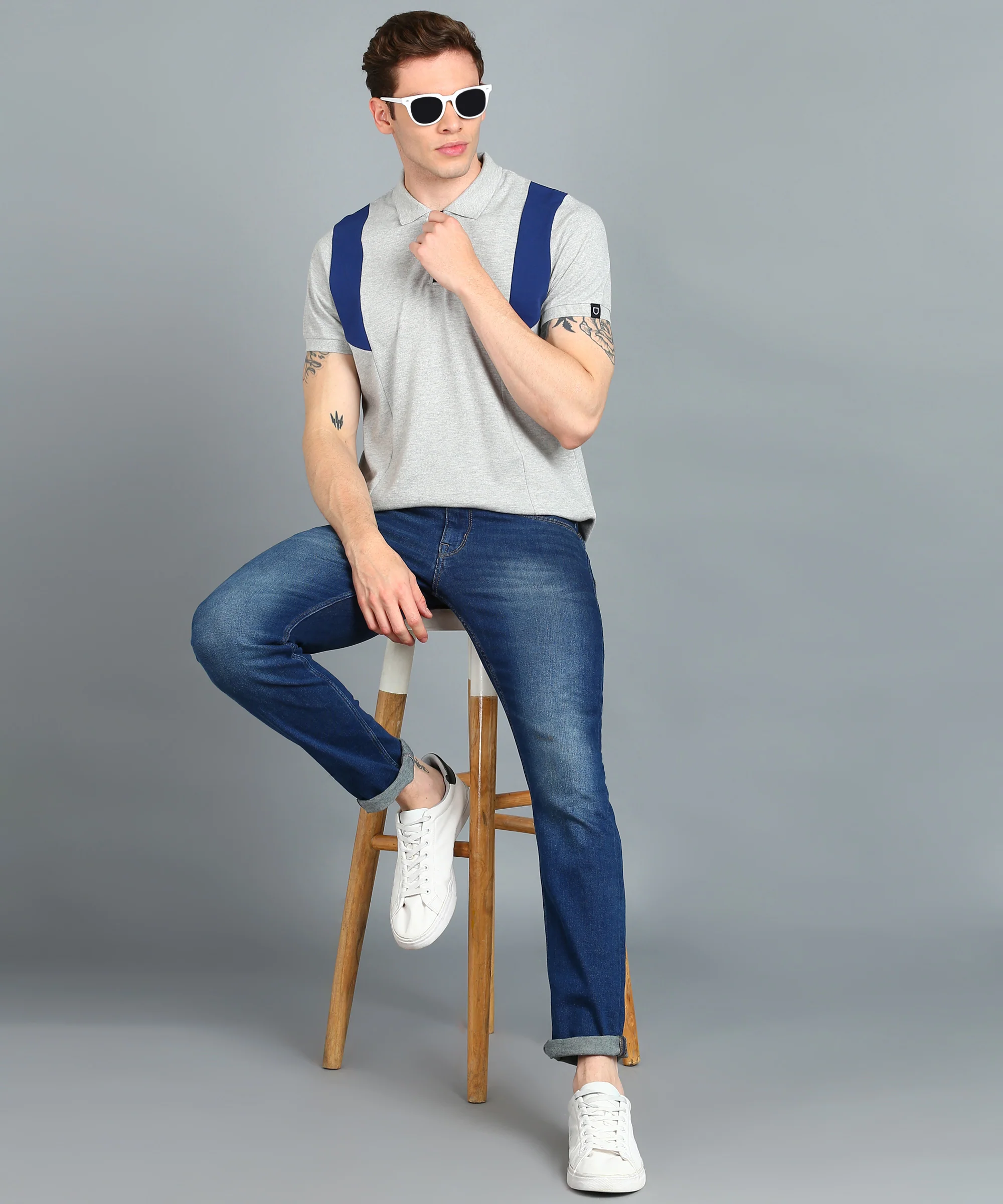 Men's White, Grey Melange, Dark Blue Colour-Block Slim Fit Half Sleeve Cotton Polo T-Shirt - Image 4