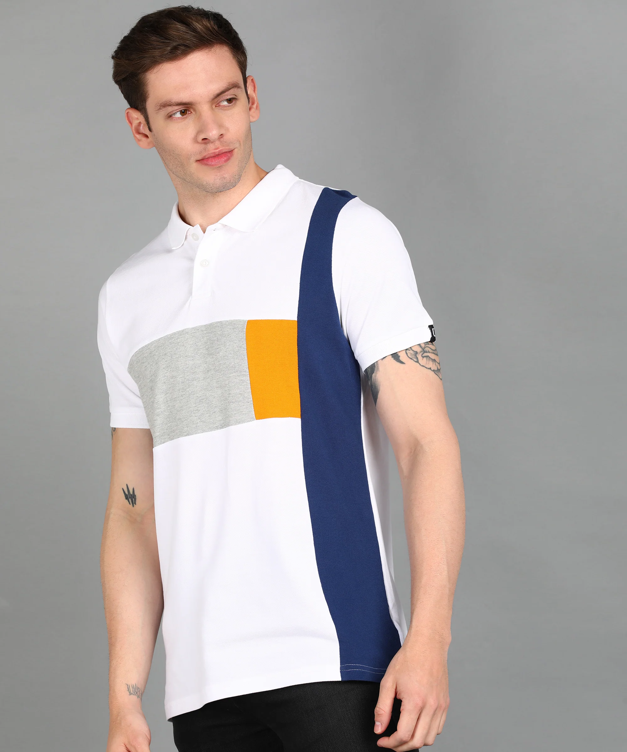 Men's White, Grey Melange, Dark Blue Colour-Block Slim Fit Half Sleeve Cotton Polo T-Shirt - Image 2