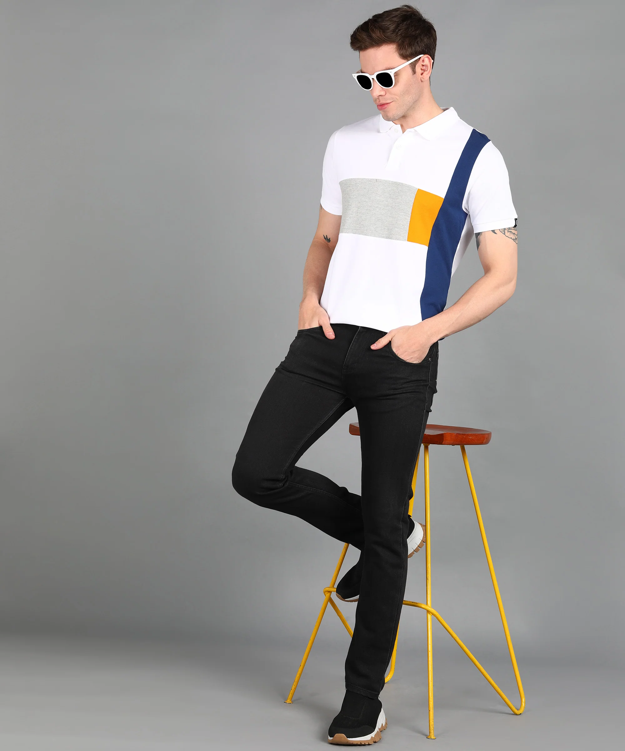 Men's White, Grey Melange, Dark Blue Colour-Block Slim Fit Half Sleeve Cotton Polo T-Shirt - Image 4