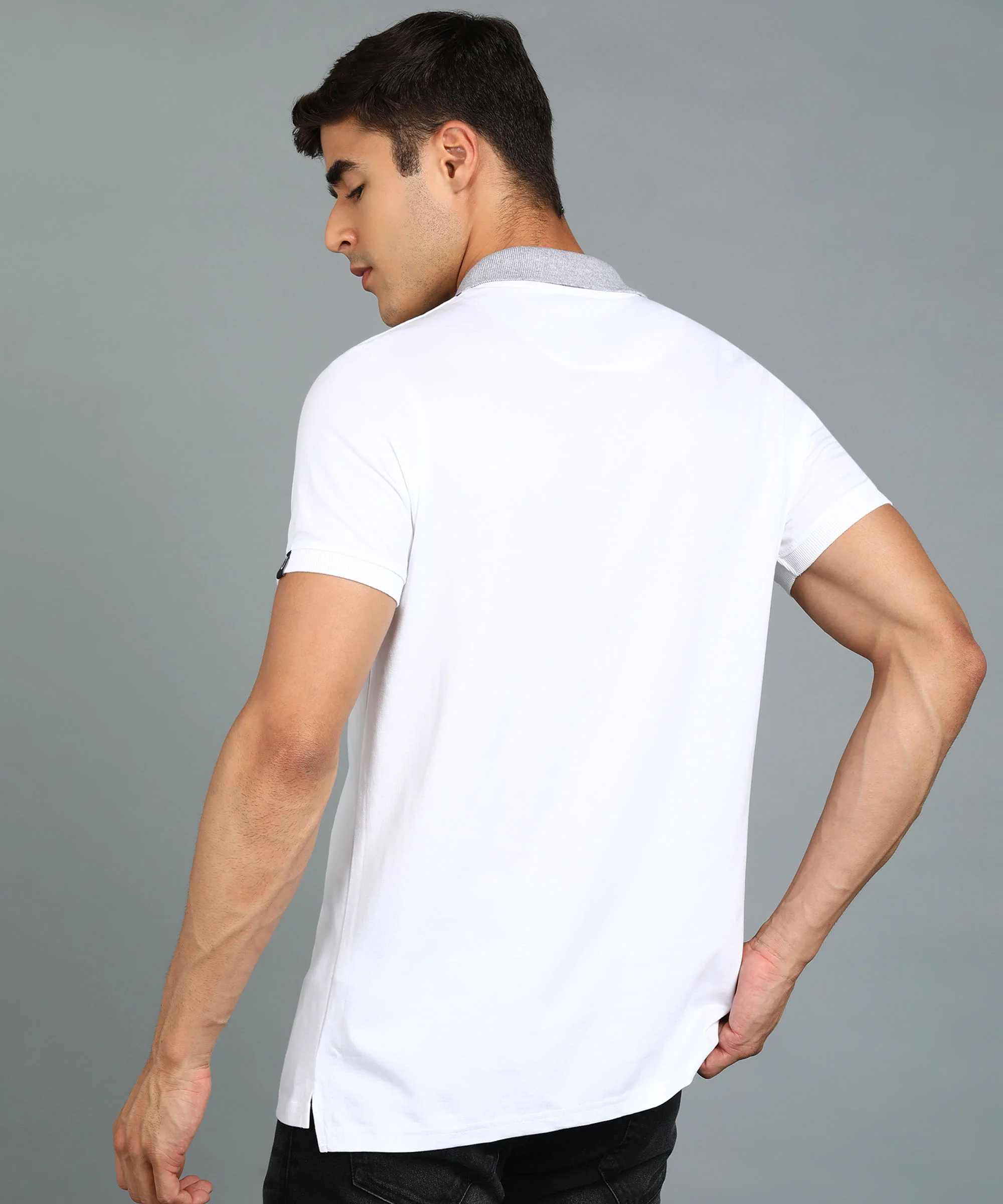 Men's White, Grey, Navy Blue Colour-Block Slim Fit Half Sleeve Cotton Polo T-Shirt - Image 3
