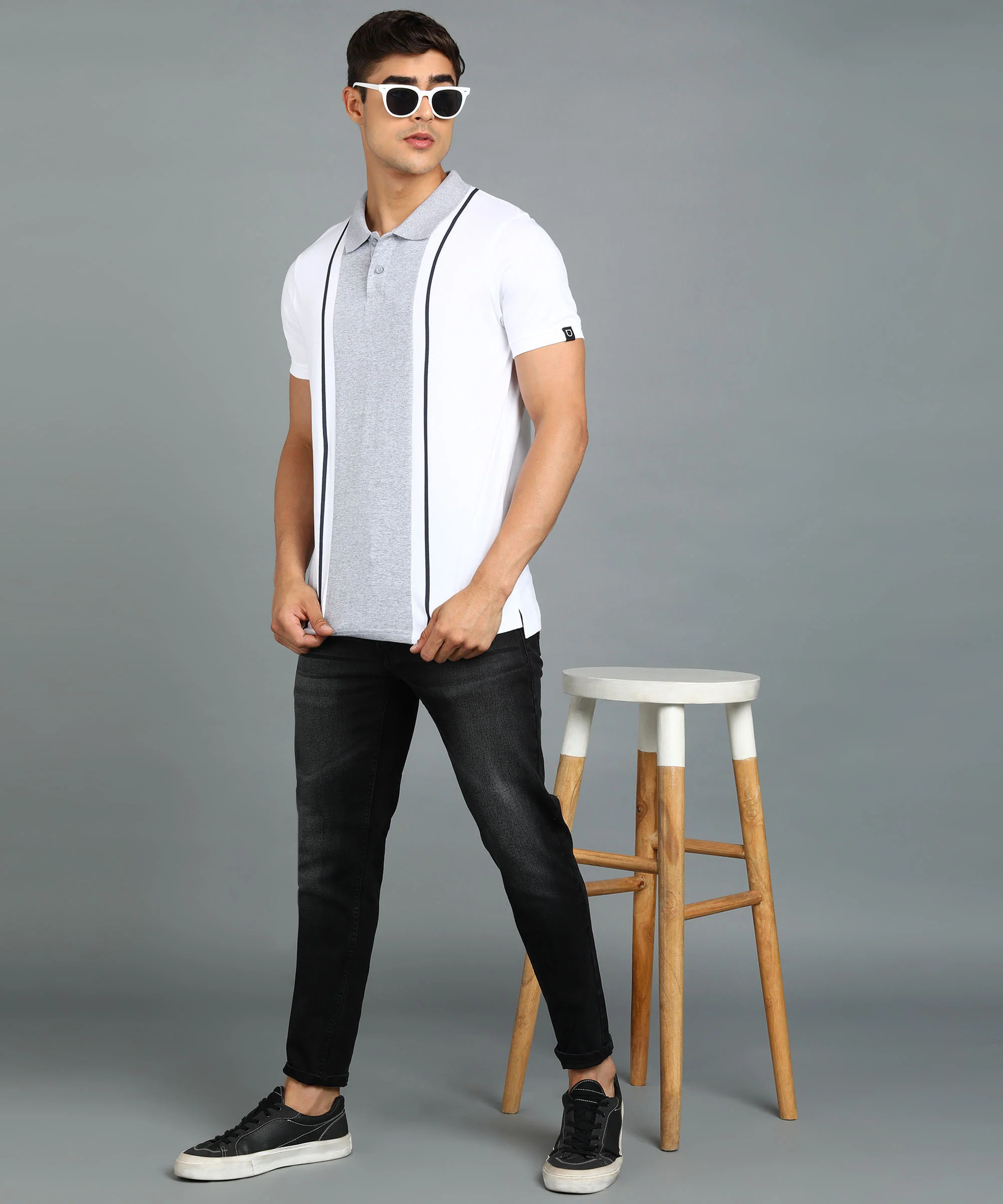 Men's White, Grey, Navy Blue Colour-Block Slim Fit Half Sleeve Cotton Polo T-Shirt - Image 4