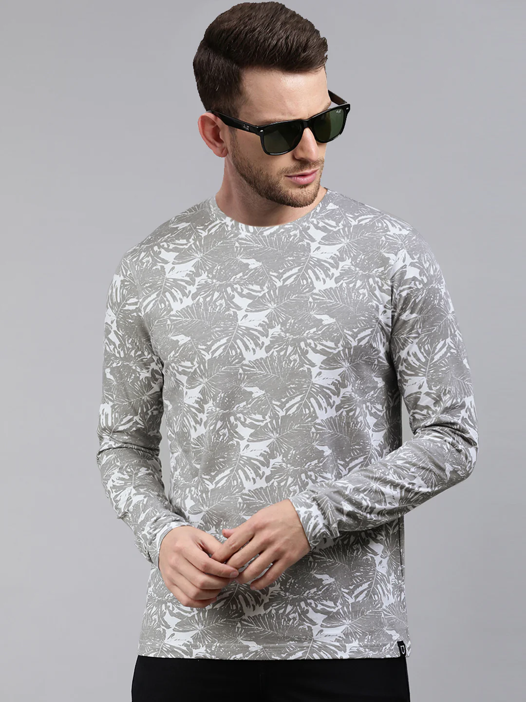 Men's White Grey Printed Full Sleeve Slim Fit Cotton T-Shirt - Image 2