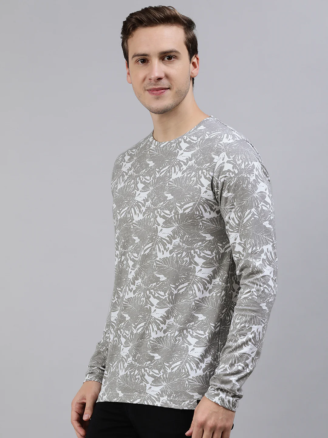 Men's White Grey Printed Full Sleeve Slim Fit Cotton T-Shirt - Image 3