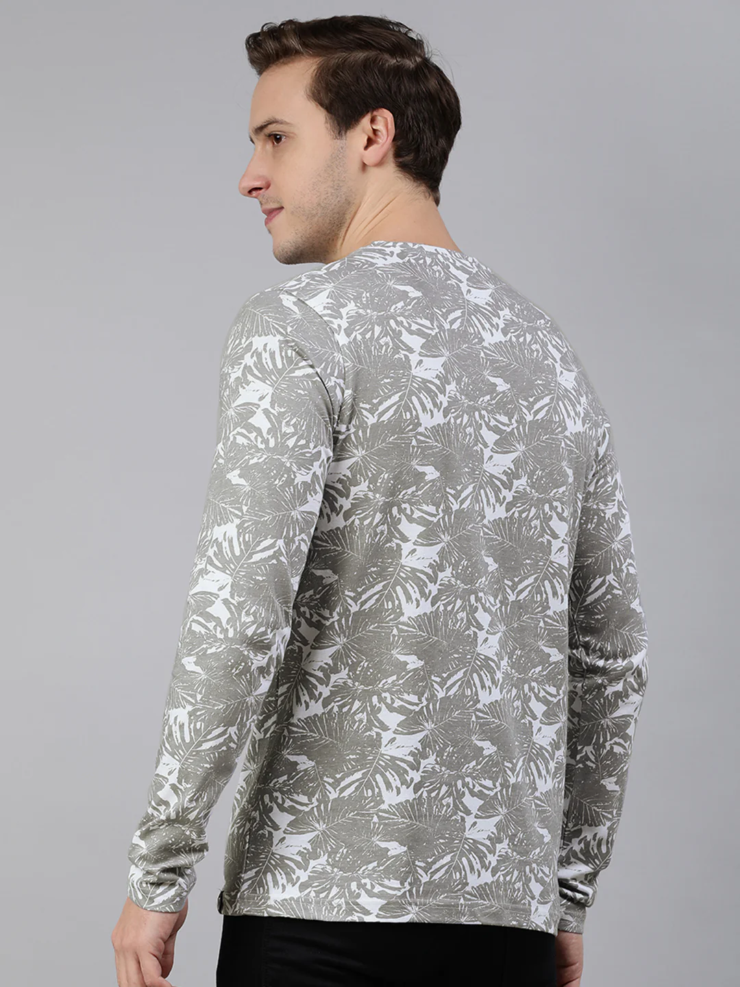 Men's White Grey Printed Full Sleeve Slim Fit Cotton T-Shirt - Image 4