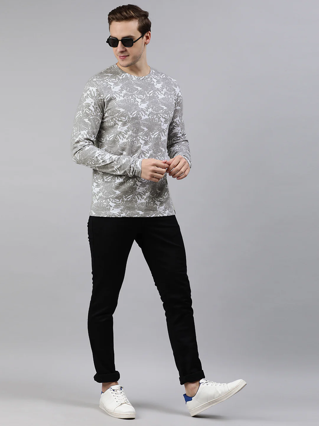 Men's White Grey Printed Full Sleeve Slim Fit Cotton T-Shirt - Image 5