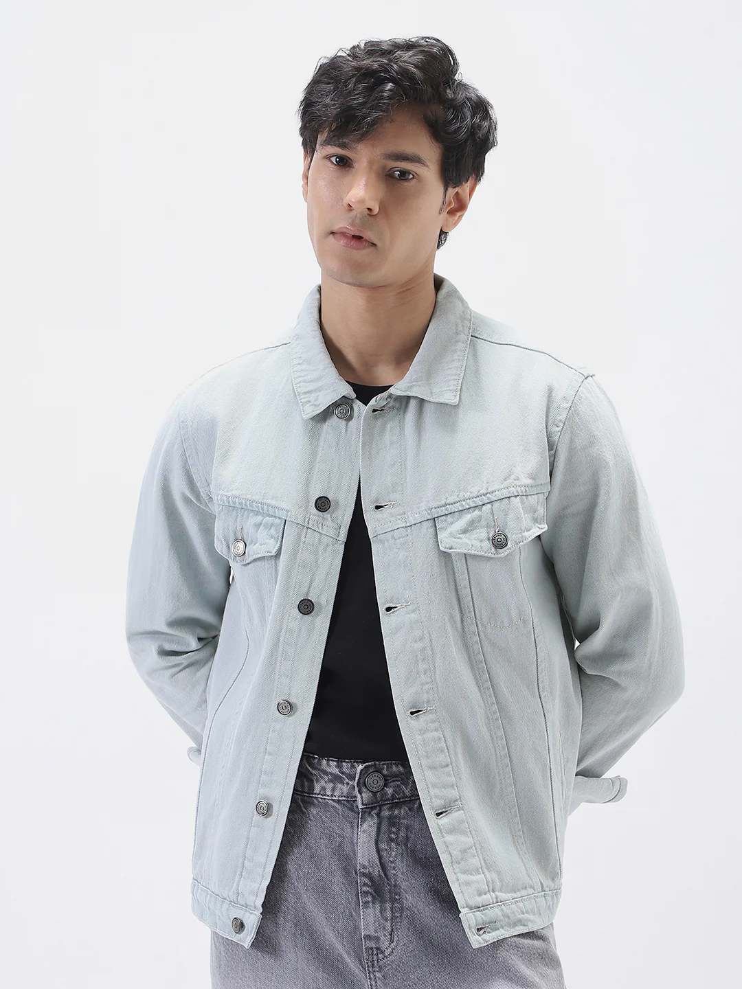 Men's White Grey Regular Fit Washed Full Sleeve Denim Jacket - Image 3