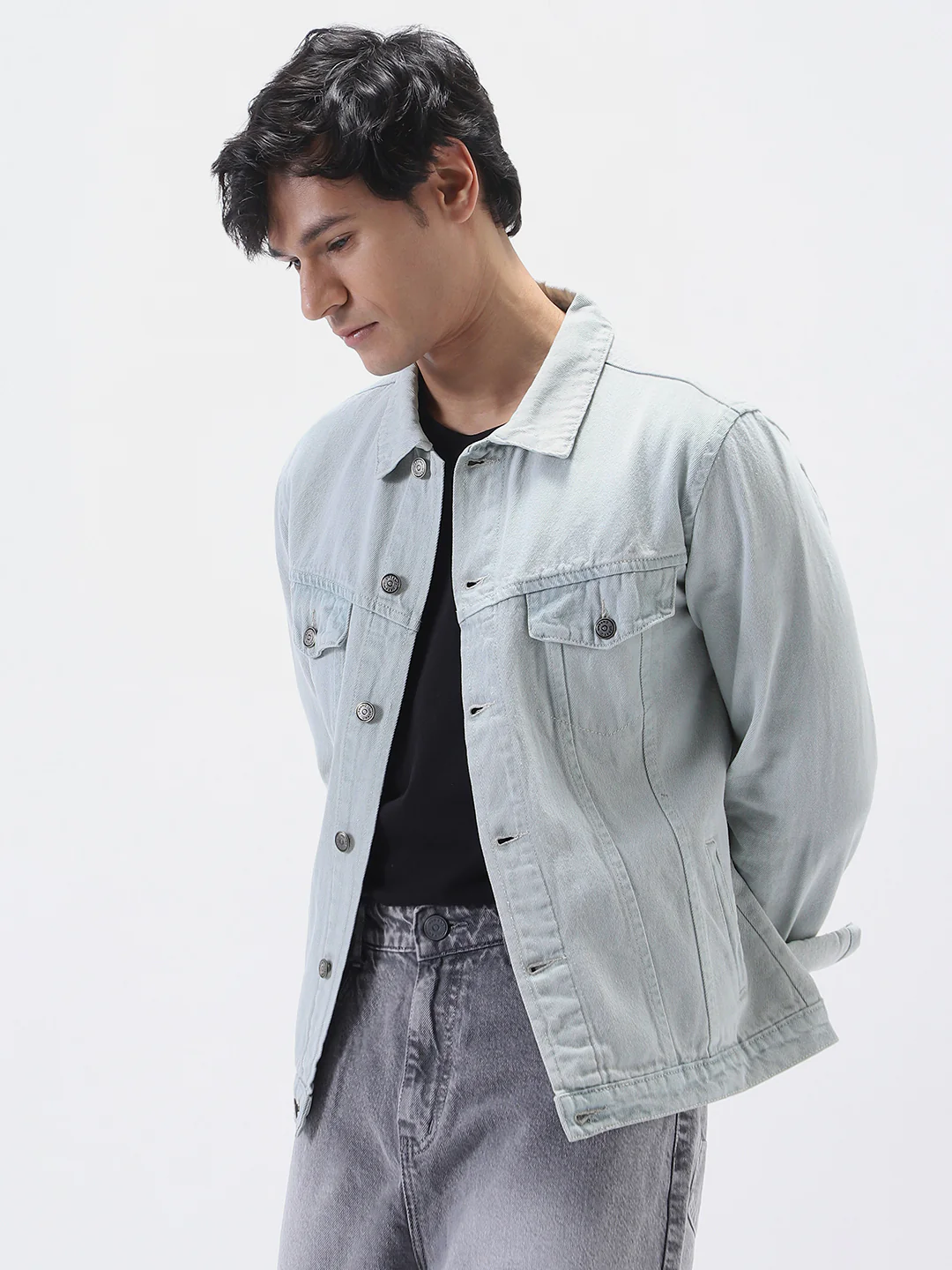 Men's White Grey Regular Fit Washed Full Sleeve Denim Jacket - Image 4
