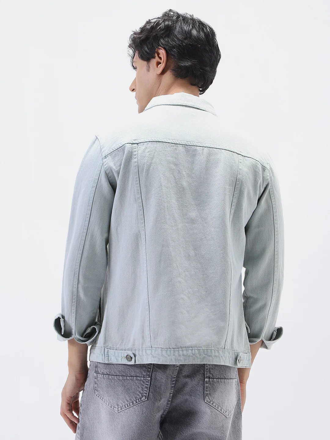 Men's White Grey Regular Fit Washed Full Sleeve Denim Jacket - Image 5