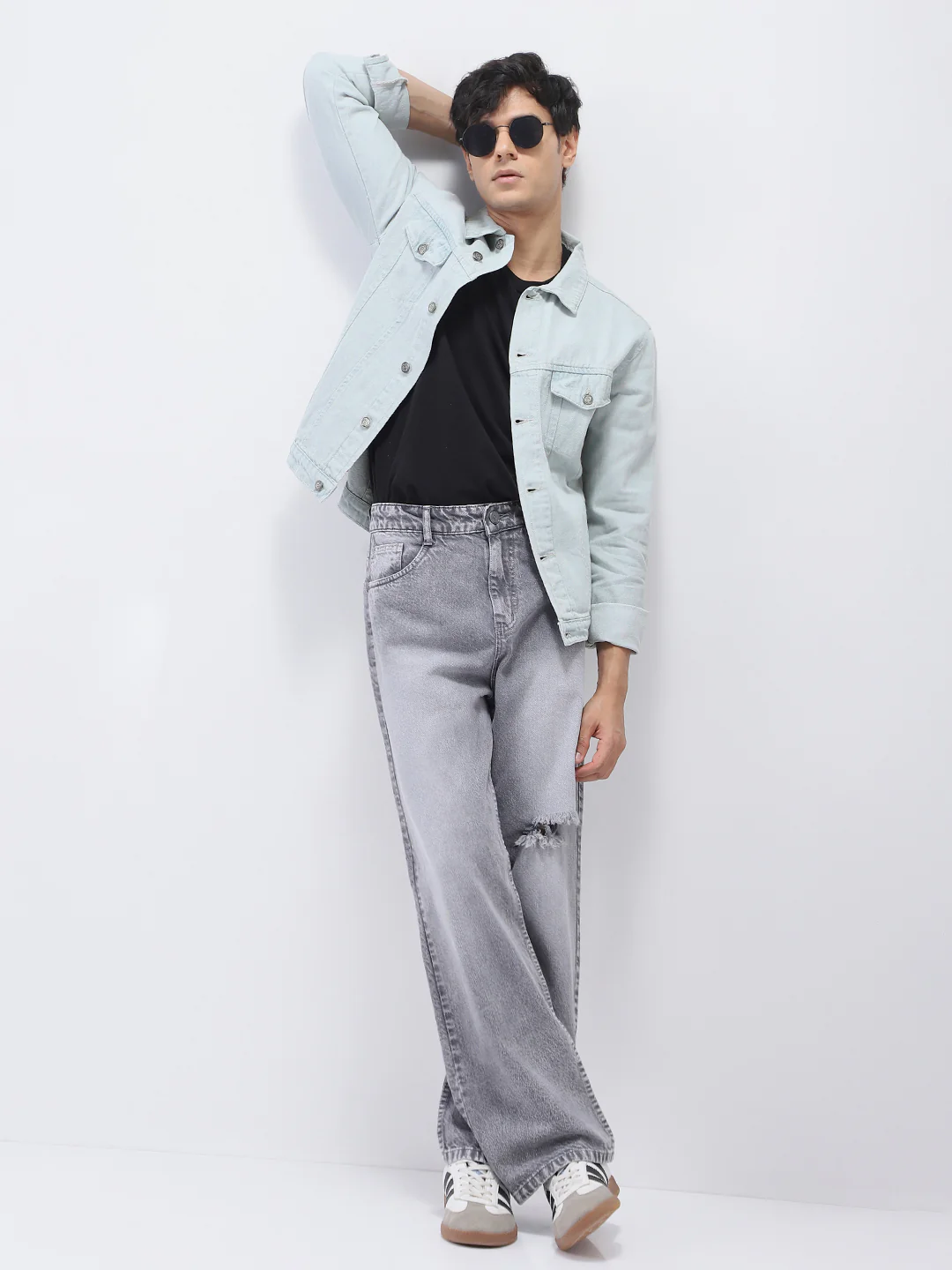 Men's White Grey Regular Fit Washed Full Sleeve Denim Jacket - Image 6