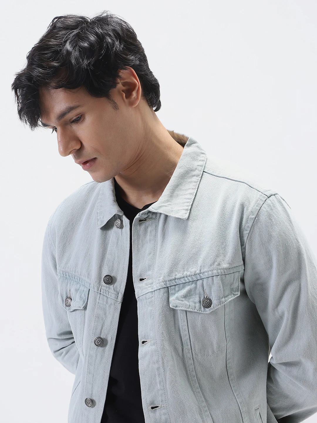 Men's White Grey Regular Fit Washed Full Sleeve Denim Jacket - Image 7