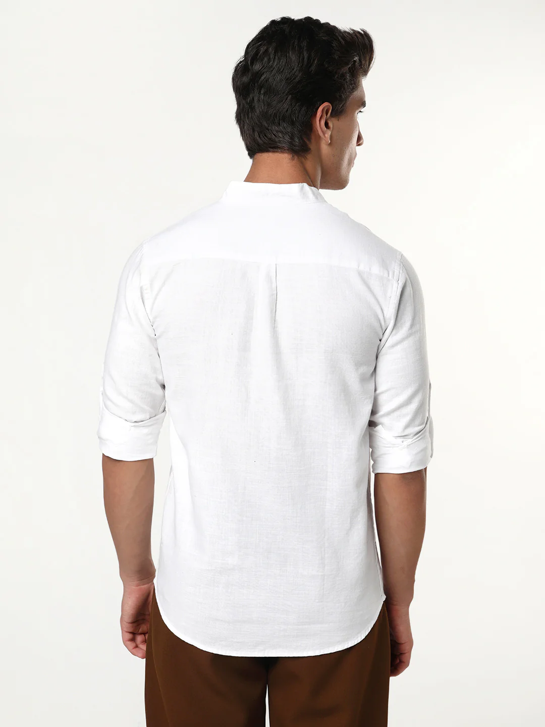 Men's White Linen Blend Full Sleeve Relaxed Fit Mandarin Collar Casual Solid Shirt - Image 3